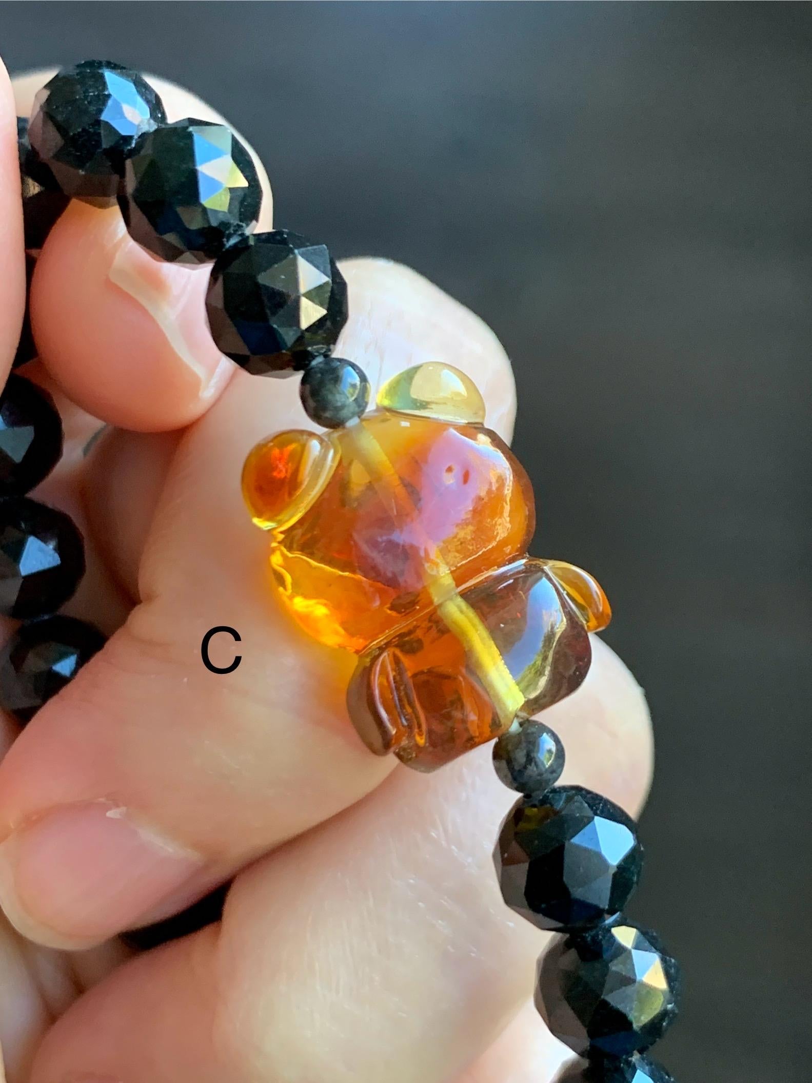 Natural Grade A Opaque Black Jade Jadeite Beads Natural Tree Resin Carved Teddy Bear Beaded Bracelet 7” 7.25” Stretchy 天然墨翠圆珠蜜蜡爱心小熊手串 HPB