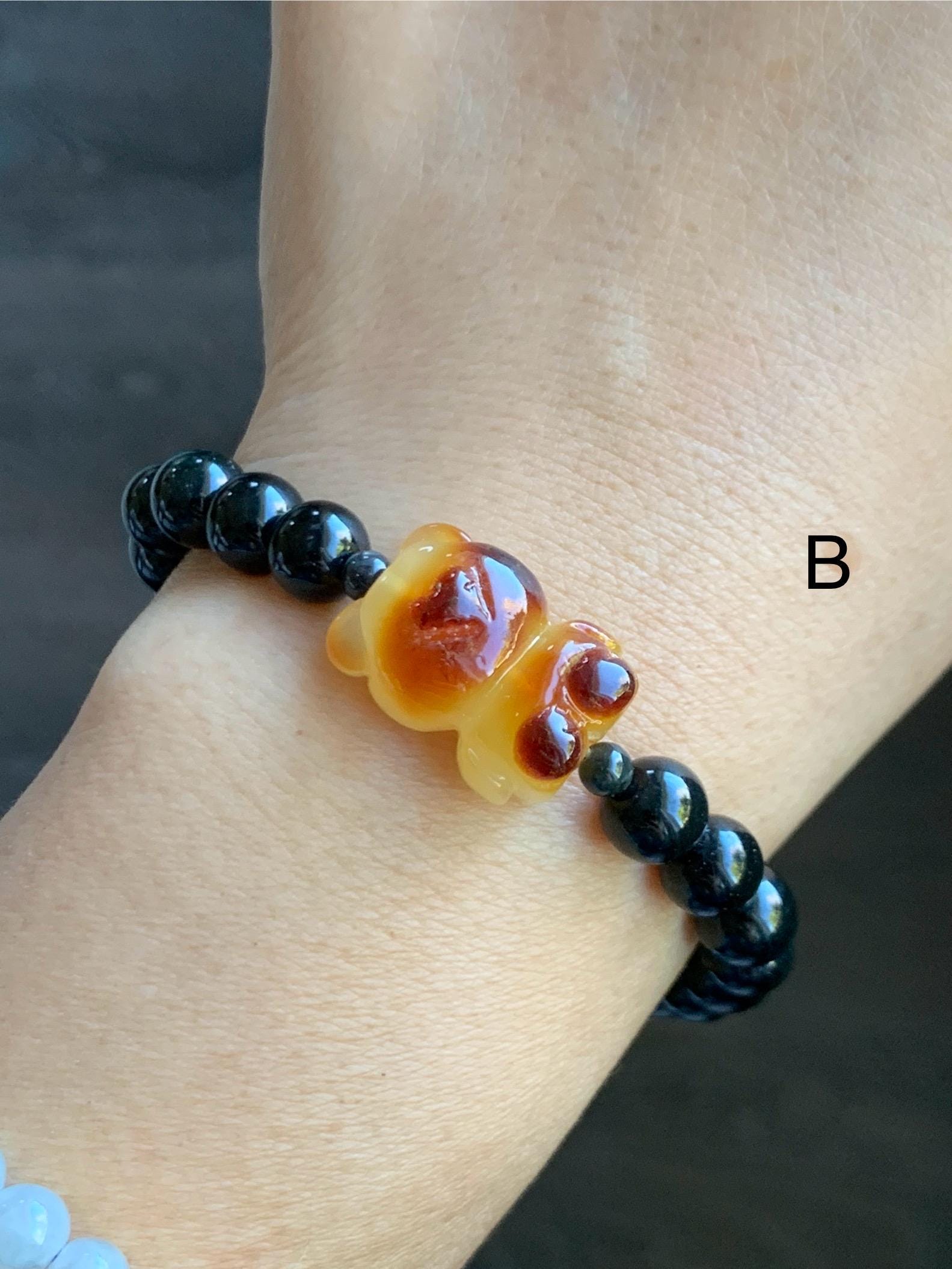 Natural Grade A Opaque Black Jade Jadeite Beads Natural Tree Resin Carved Teddy Bear Beaded Bracelet 7” 7.25” Stretchy 天然墨翠圆珠蜜蜡爱心小熊手串 HPB