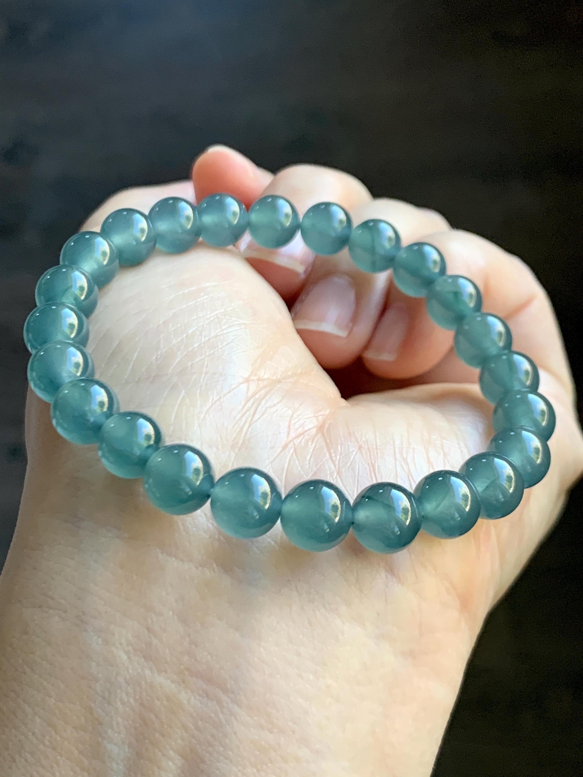 Natural Grade A Guatemalan Icy Highly Translucent Teal Blue Jade Jadeite Beaded Bracelet 7.8mm 7” 20g Stretchy 天然高冰危蓝翡翠手串 HWL286