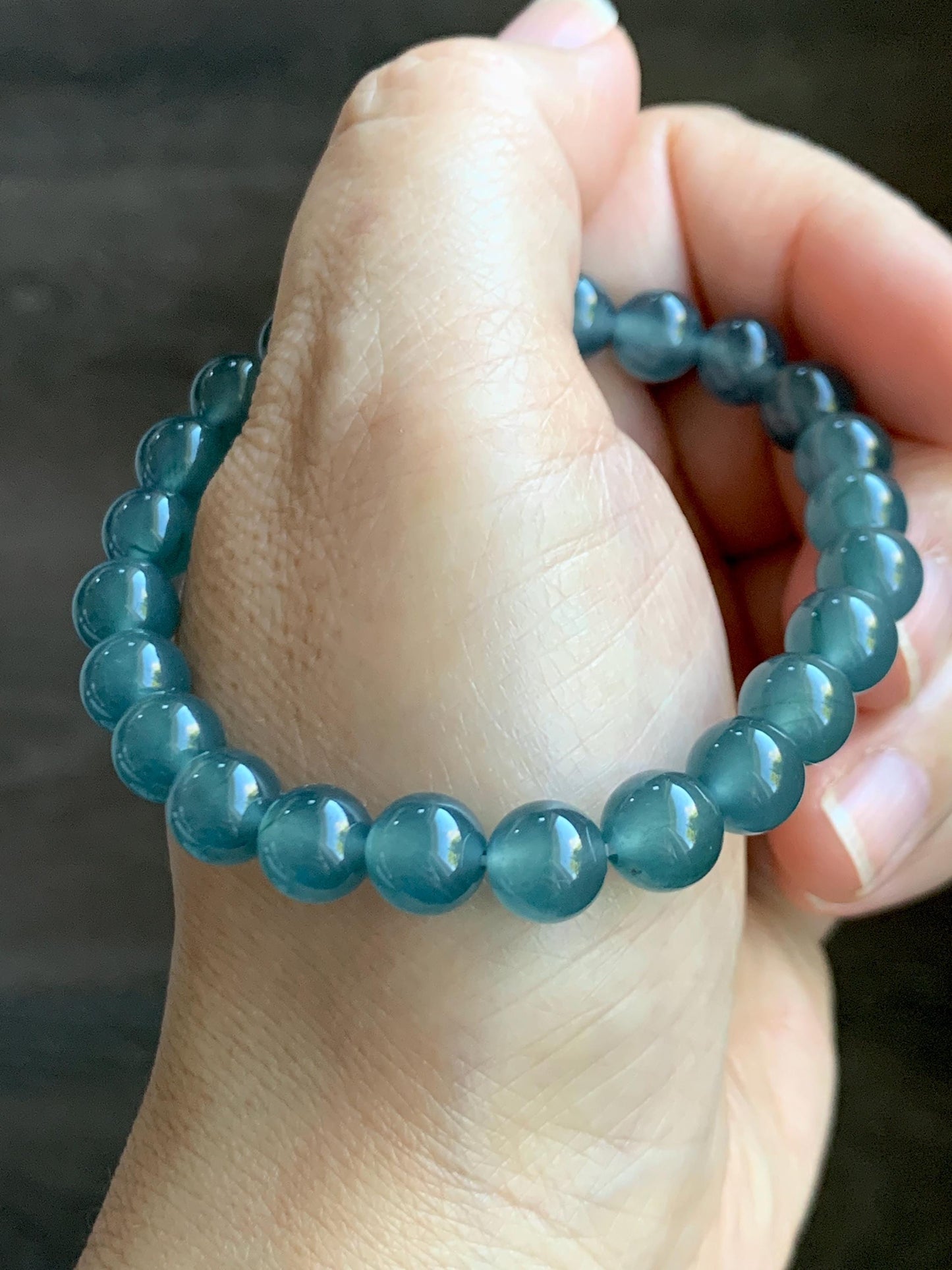 Natural Grade A Guatemalan Icy Highly Translucent Teal Blue Jade Jadeite Beaded Bracelet 7.8mm 7” 20g Stretchy 天然高冰危蓝翡翠手串 HWL286