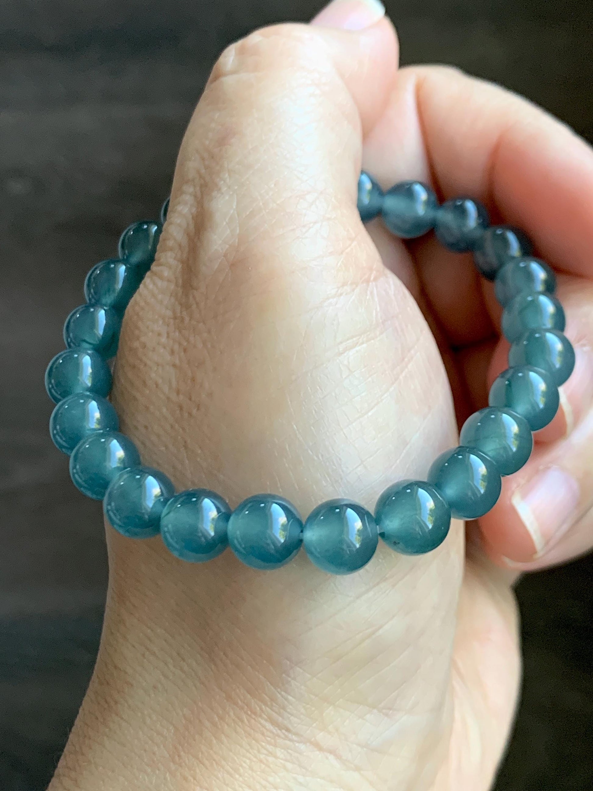 Natural Grade A Guatemalan Icy Highly Translucent Teal Blue Jade Jadeite Beaded Bracelet 7.8mm 7” 20g Stretchy 天然高冰危蓝翡翠手串 HWL286