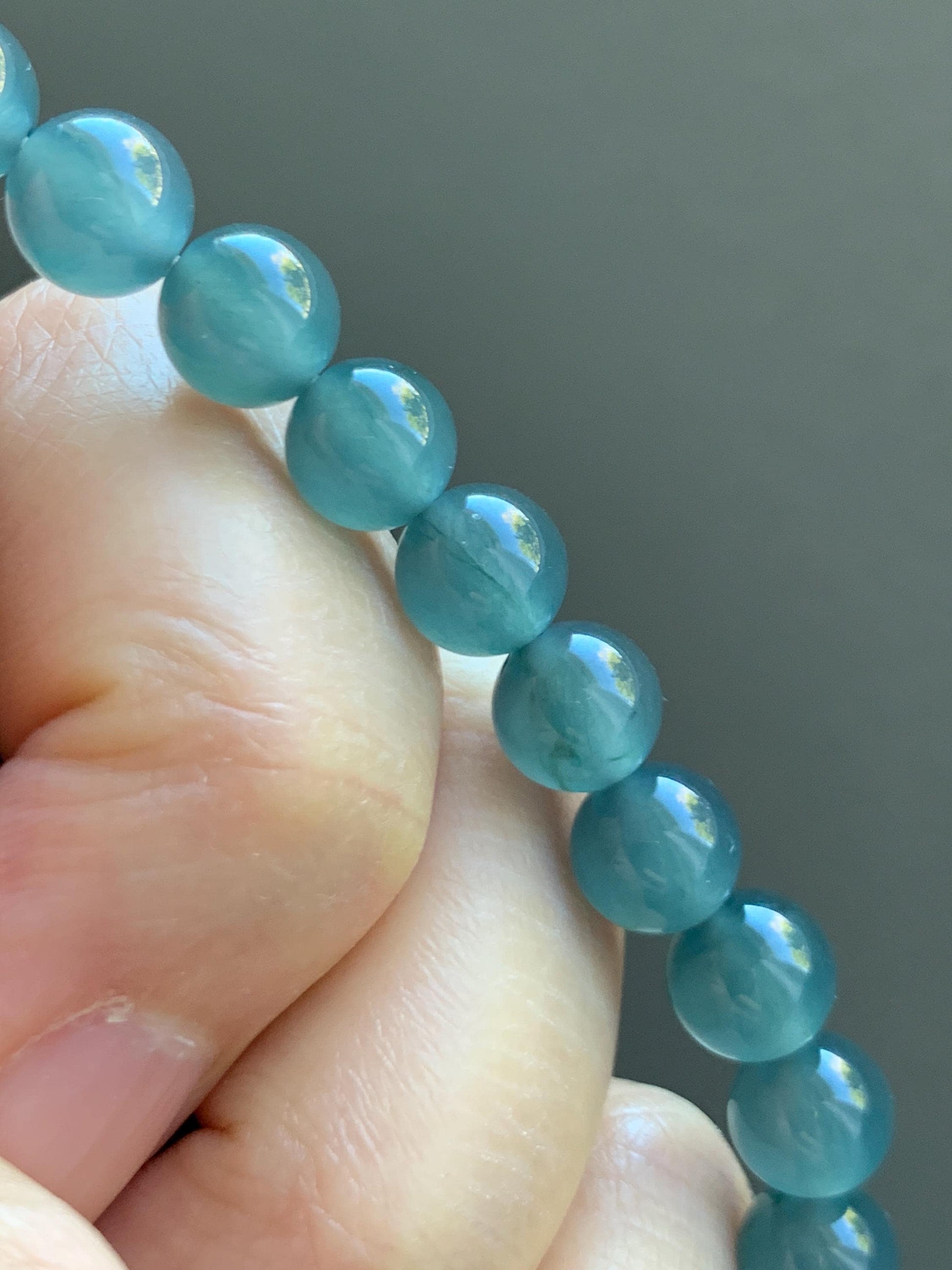 Natural Grade A Guatemalan Icy Highly Translucent Teal Blue Jade Jadeite Beaded Bracelet 7.8mm 7” 20g Stretchy 天然高冰危蓝翡翠手串 HWL286