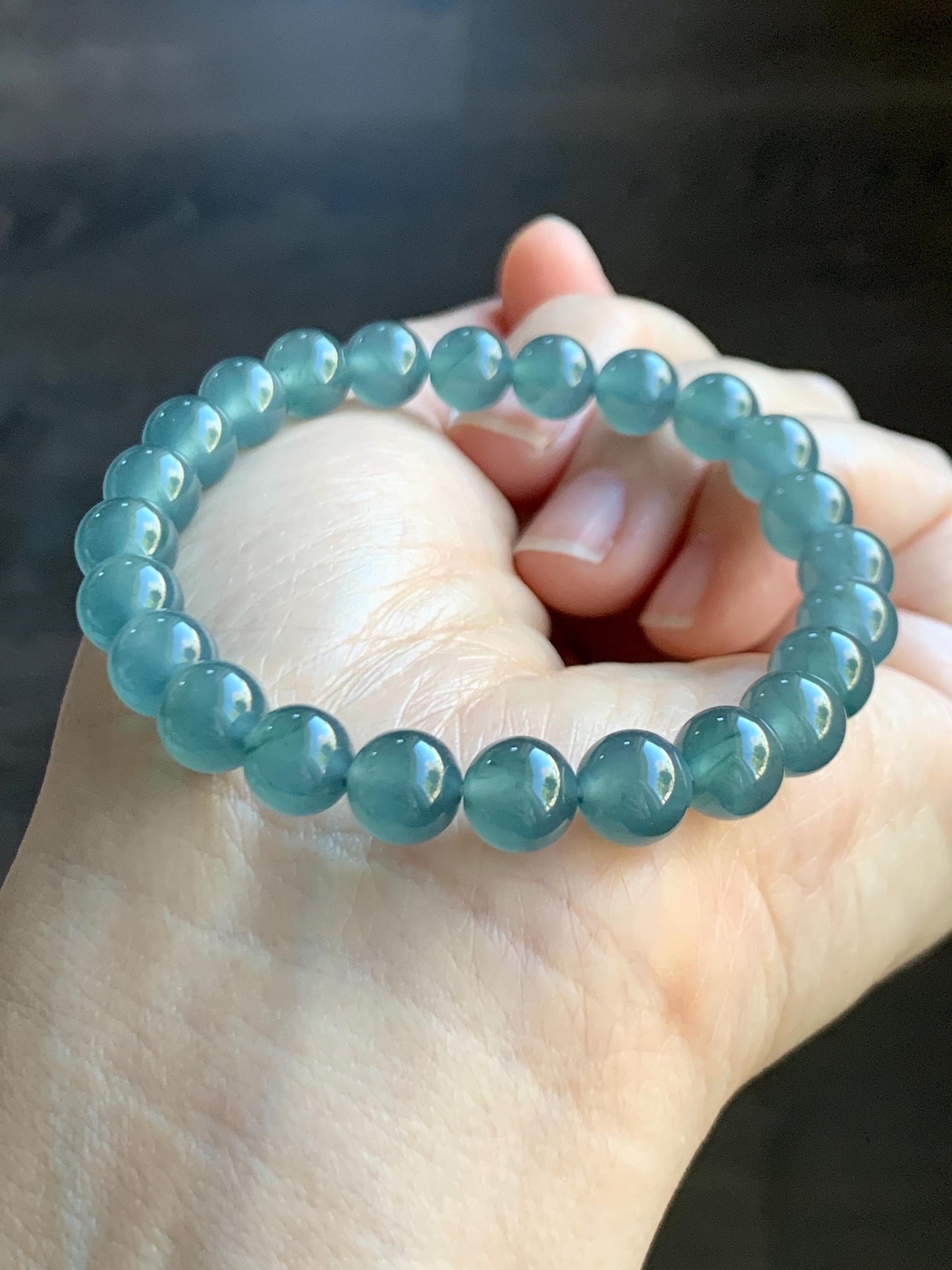Natural Grade A Guatemalan Icy Highly Translucent Teal Blue Jade Jadeite Beaded Bracelet 7.8mm 7” 20g Stretchy 天然高冰危蓝翡翠手串 HWL286