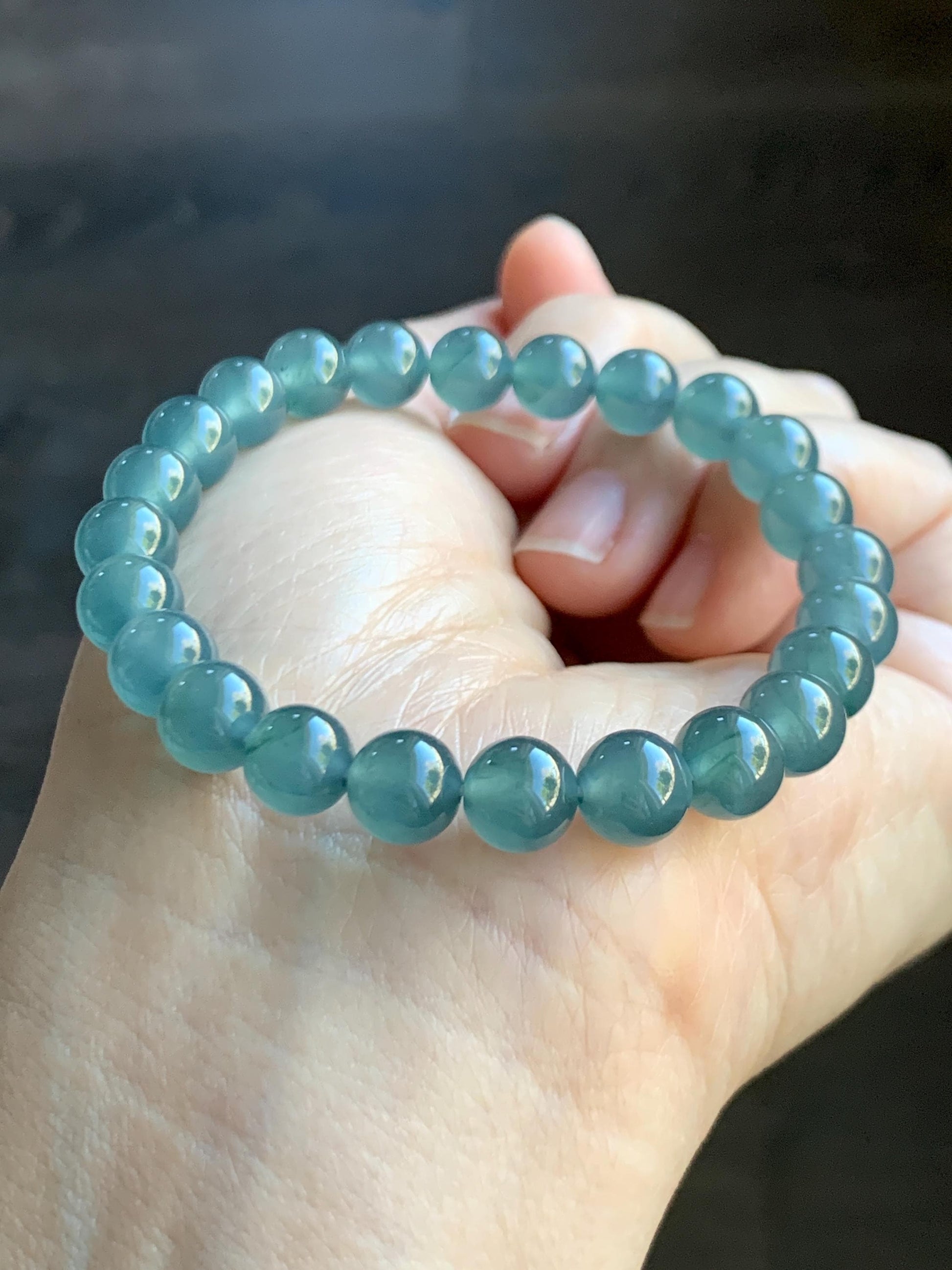 Natural Grade A Guatemalan Icy Highly Translucent Teal Blue Jade Jadeite Beaded Bracelet 7.8mm 7” 20g Stretchy 天然高冰危蓝翡翠手串 HWL286