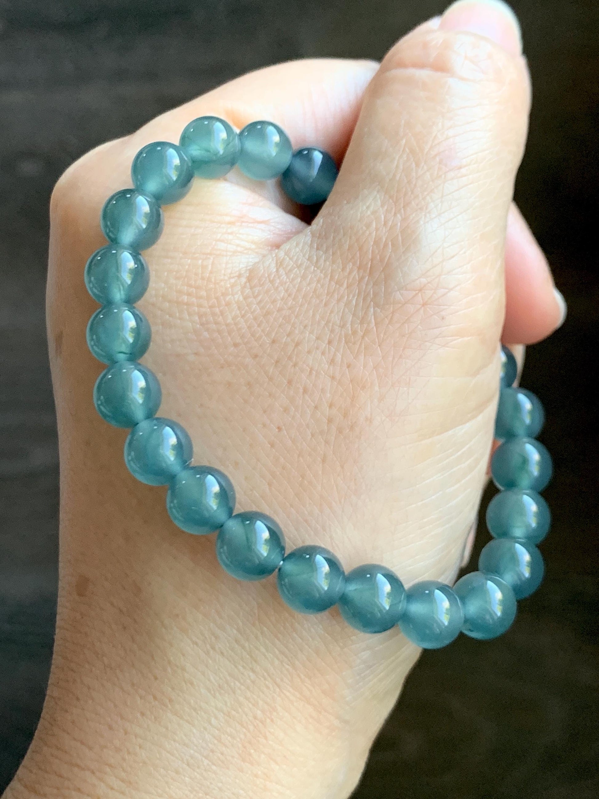 Natural Grade A Guatemalan Icy Highly Translucent Teal Blue Jade Jadeite Beaded Bracelet 7.8mm 7” 20g Stretchy 天然高冰危蓝翡翠手串 HWL286