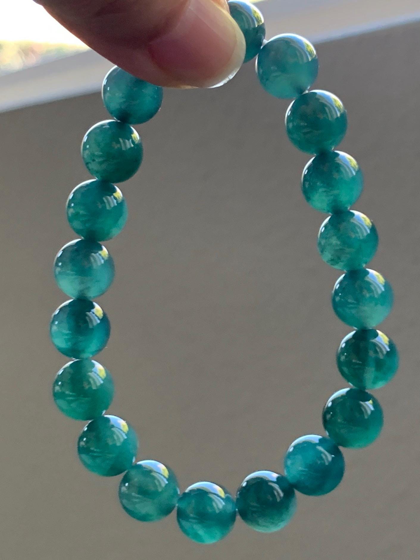 Natural Grade A Guatemalan Icy Translucent Dark Teal Green Jade Jadeite Beaded Bracelet Stretchy 9.8mm 7.25” 32g 天然冰危深蓝绿翡翠圆珠手串 WLZ400A