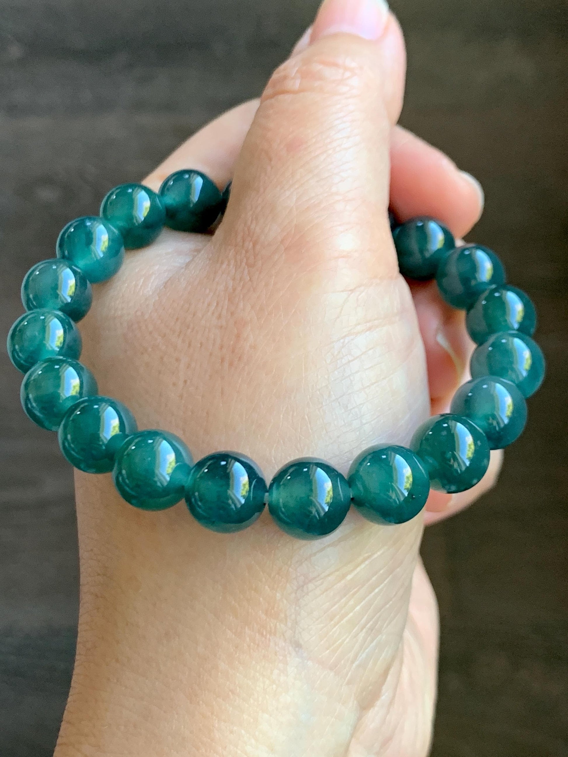 Natural Grade A Guatemalan Icy Translucent Dark Teal Green Jade Jadeite Beaded Bracelet Stretchy 9.8mm 7.25” 32g 天然冰危深蓝绿翡翠圆珠手串 WLZ400A