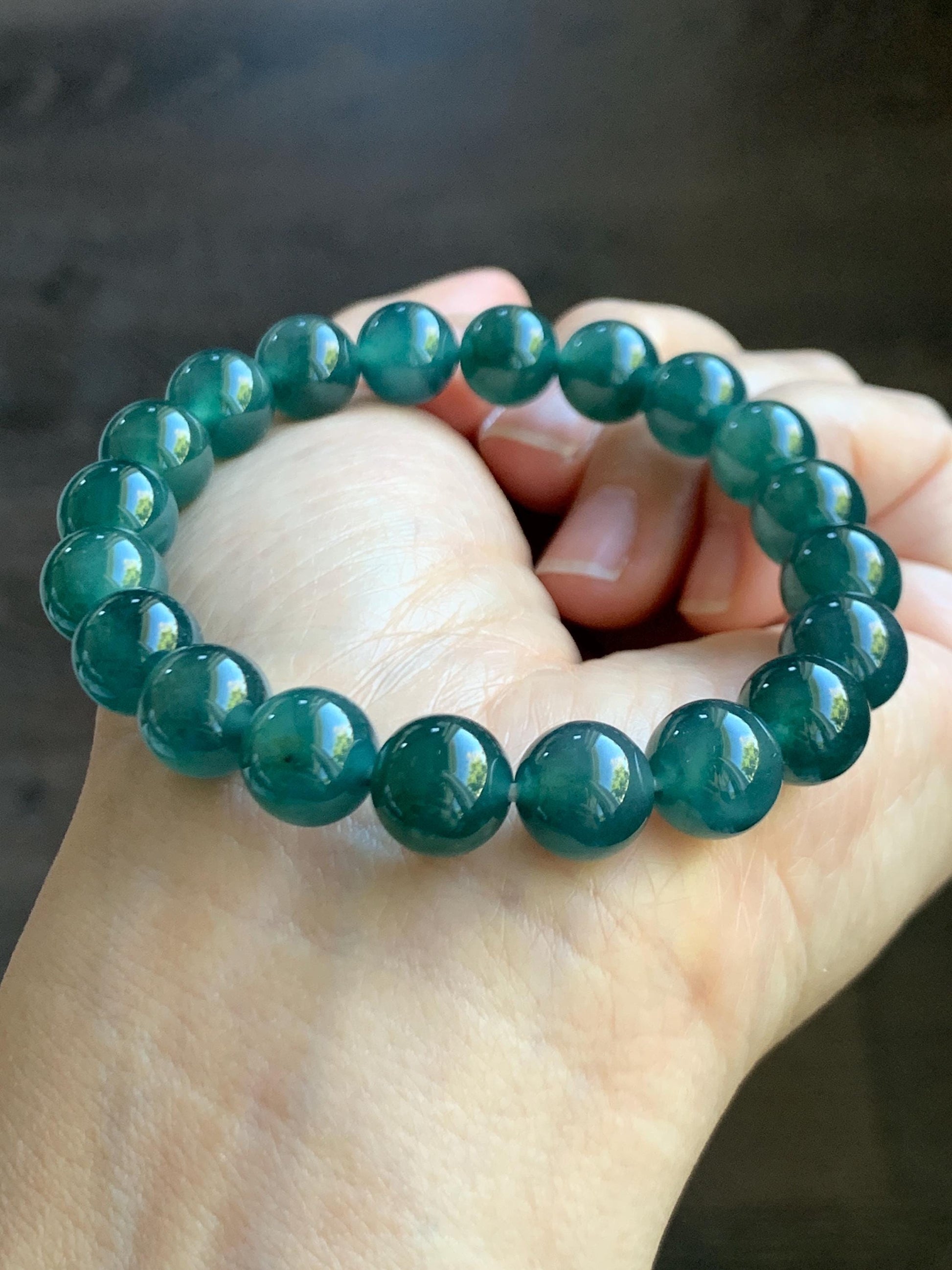 Natural Grade A Guatemalan Icy Translucent Dark Teal Green Jade Jadeite Beaded Bracelet Stretchy 9.8mm 7.25” 32g 天然冰危深蓝绿翡翠圆珠手串 WLZ400A