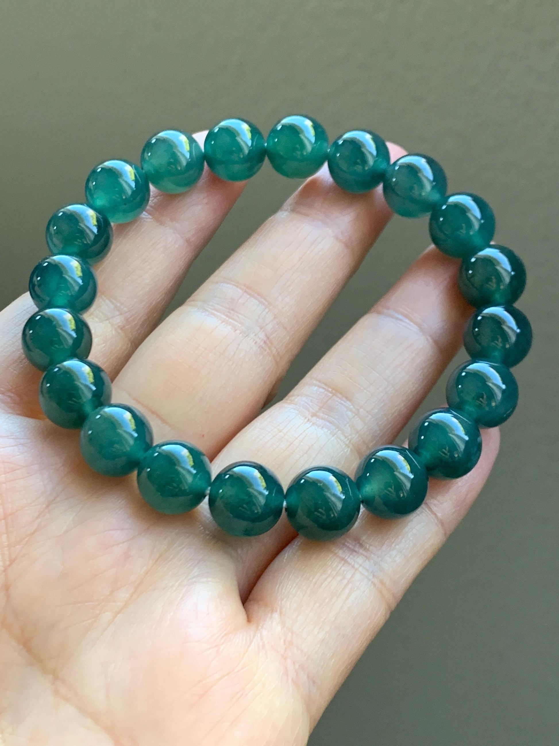 Natural Grade A Guatemalan Icy Translucent Dark Teal Green Jade Jadeite Beaded Bracelet Stretchy 9.8mm 7.25” 32g 天然冰危深蓝绿翡翠圆珠手串 WLZ400A