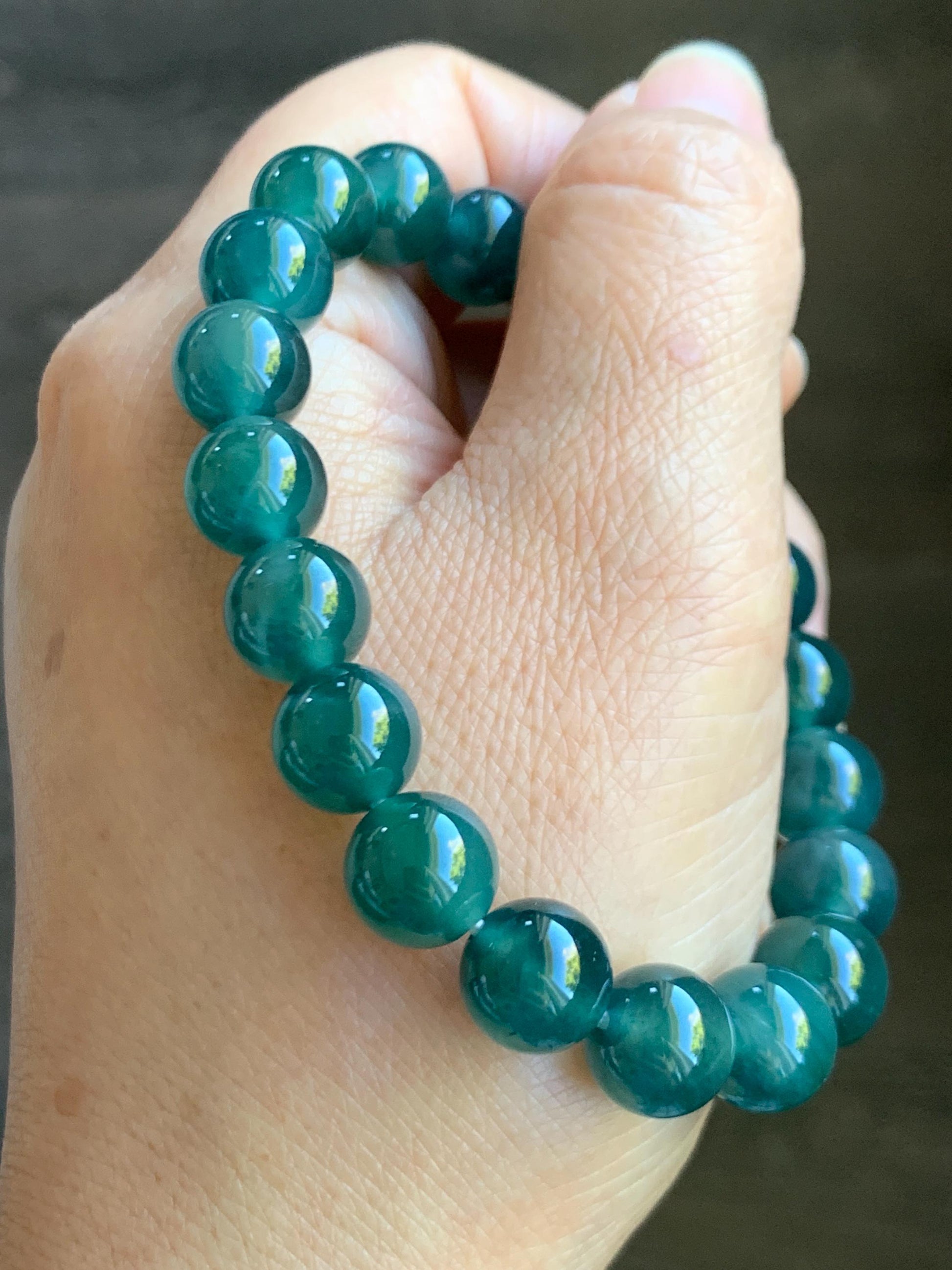 Natural Grade A Guatemalan Icy Translucent Dark Teal Green Jade Jadeite Beaded Bracelet Stretchy 9.8mm 7.25” 32g 天然冰危深蓝绿翡翠圆珠手串 WLZ400A