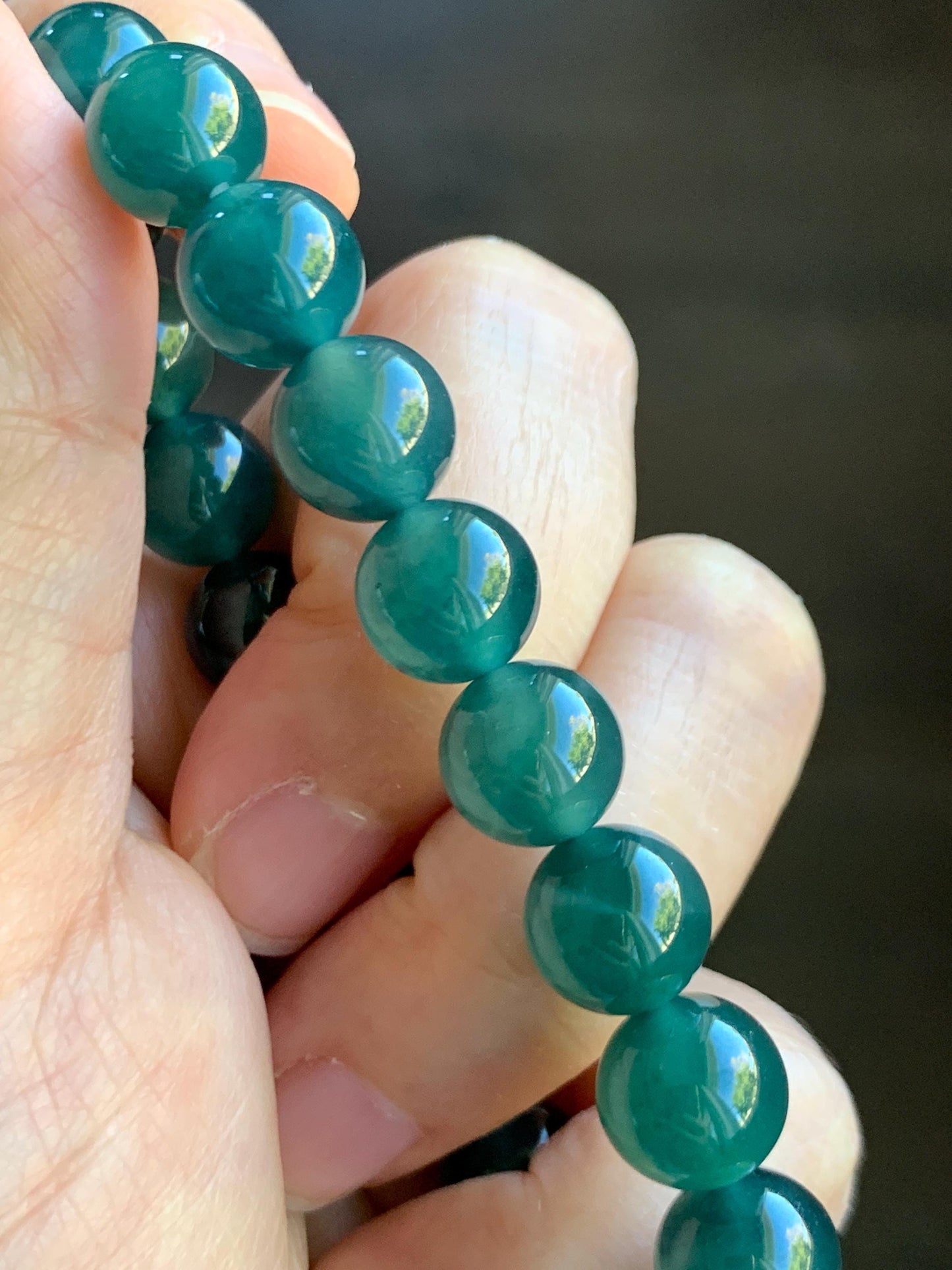 Natural Grade A Guatemalan Icy Translucent Dark Teal Green Jade Jadeite Beaded Bracelet Stretchy 9.8mm 7.25” 32g 天然冰危深蓝绿翡翠圆珠手串 WLZ400A
