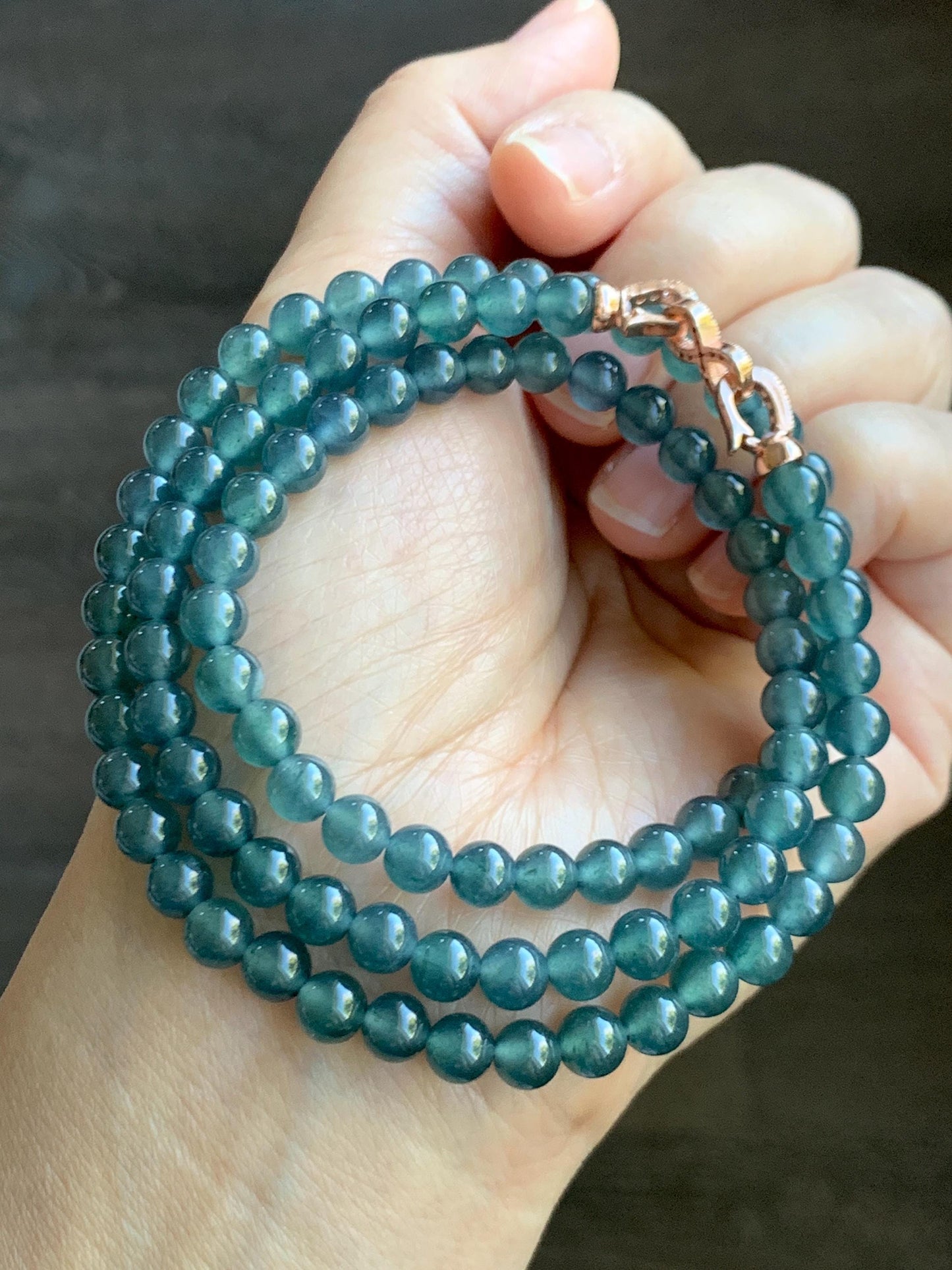 Grade A Natural Guatemalan Icy Highly Translucent Aegean Blue Jade Jadeite Beaded Necklace 5.9mm 23” 36g 天然冰危蓝翡翠圆珠项链 WXL308