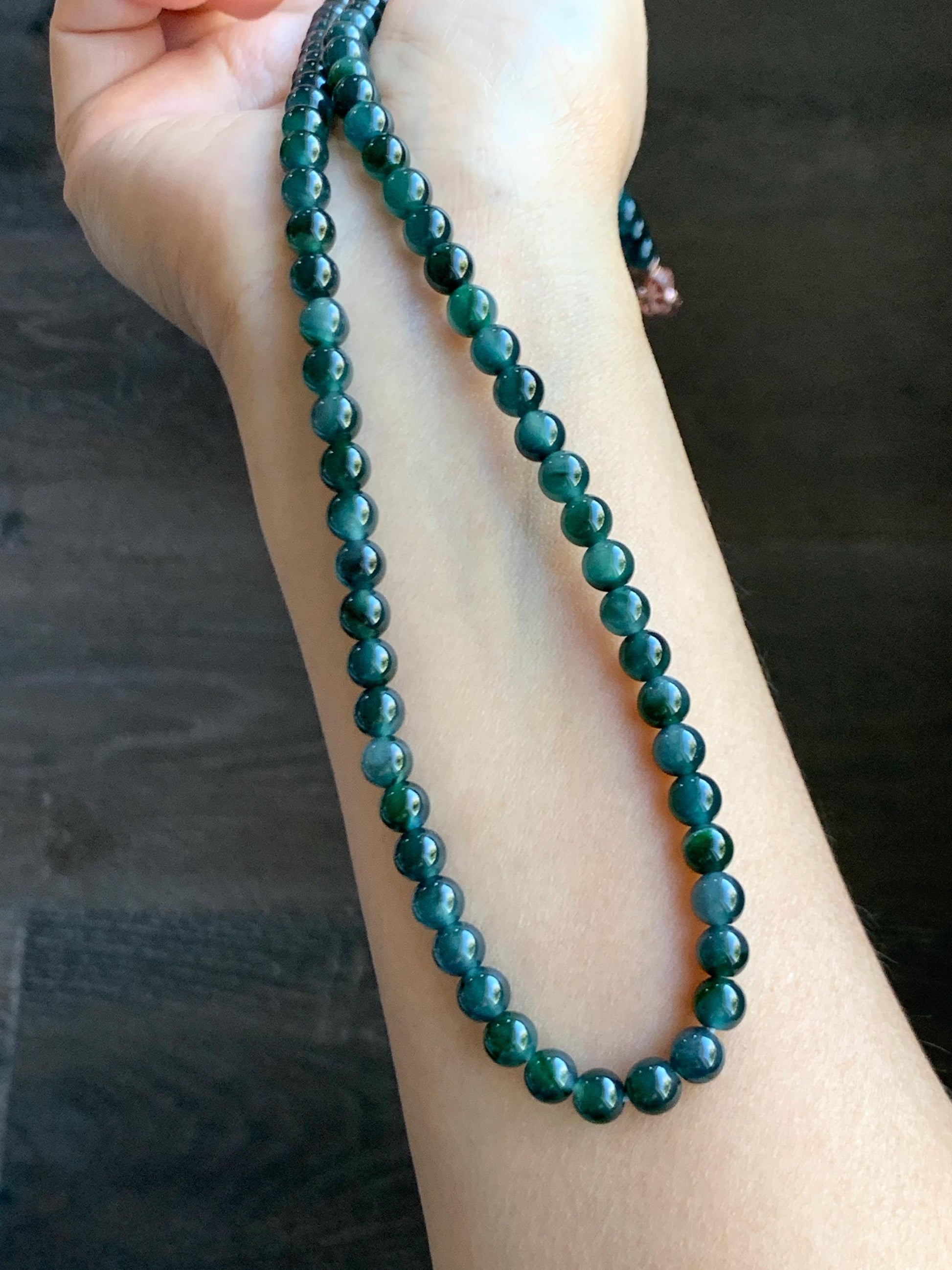 Certified Grade A Natural Guatemalan Icy Translucent Dark Teal & Green Marbled Jade Jadeite Beaded Necklace 6.5mm 26.5” 47g 天然冰危蓝飘花翡翠珠项链 737