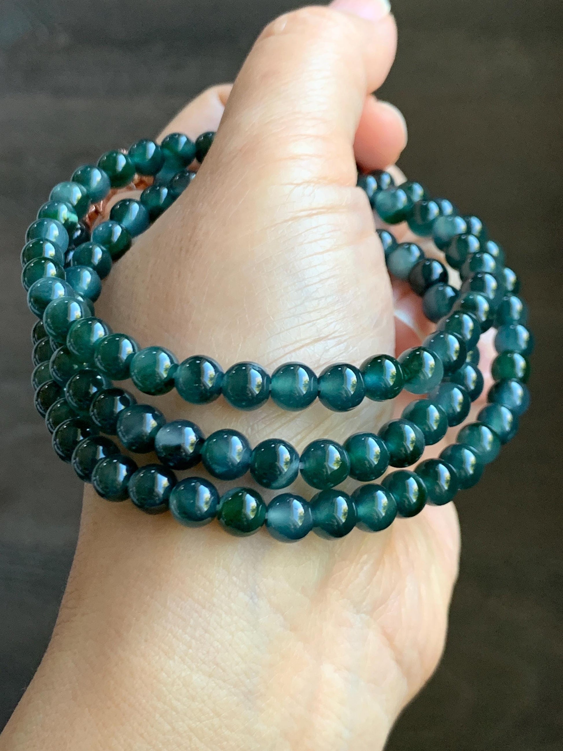 Certified Grade A Natural Guatemalan Icy Translucent Dark Teal & Green Marbled Jade Jadeite Beaded Necklace 6.5mm 26.5” 47g 天然冰危蓝飘花翡翠珠项链 737