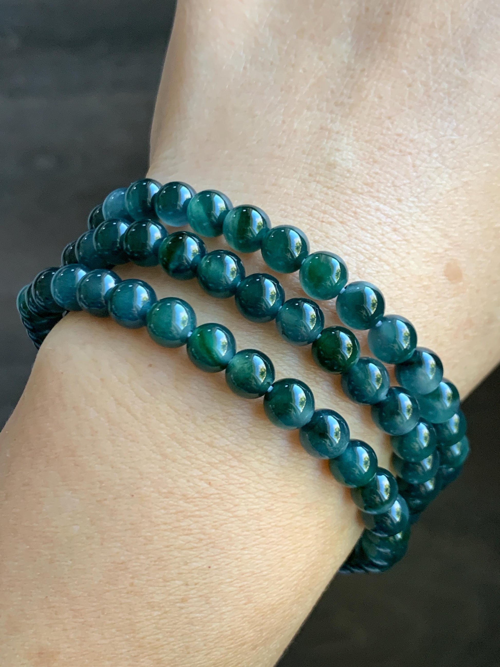 Certified Grade A Natural Guatemalan Icy Translucent Dark Teal & Green Marbled Jade Jadeite Beaded Necklace 6.5mm 26.5” 47g 天然冰危蓝飘花翡翠珠项链 737