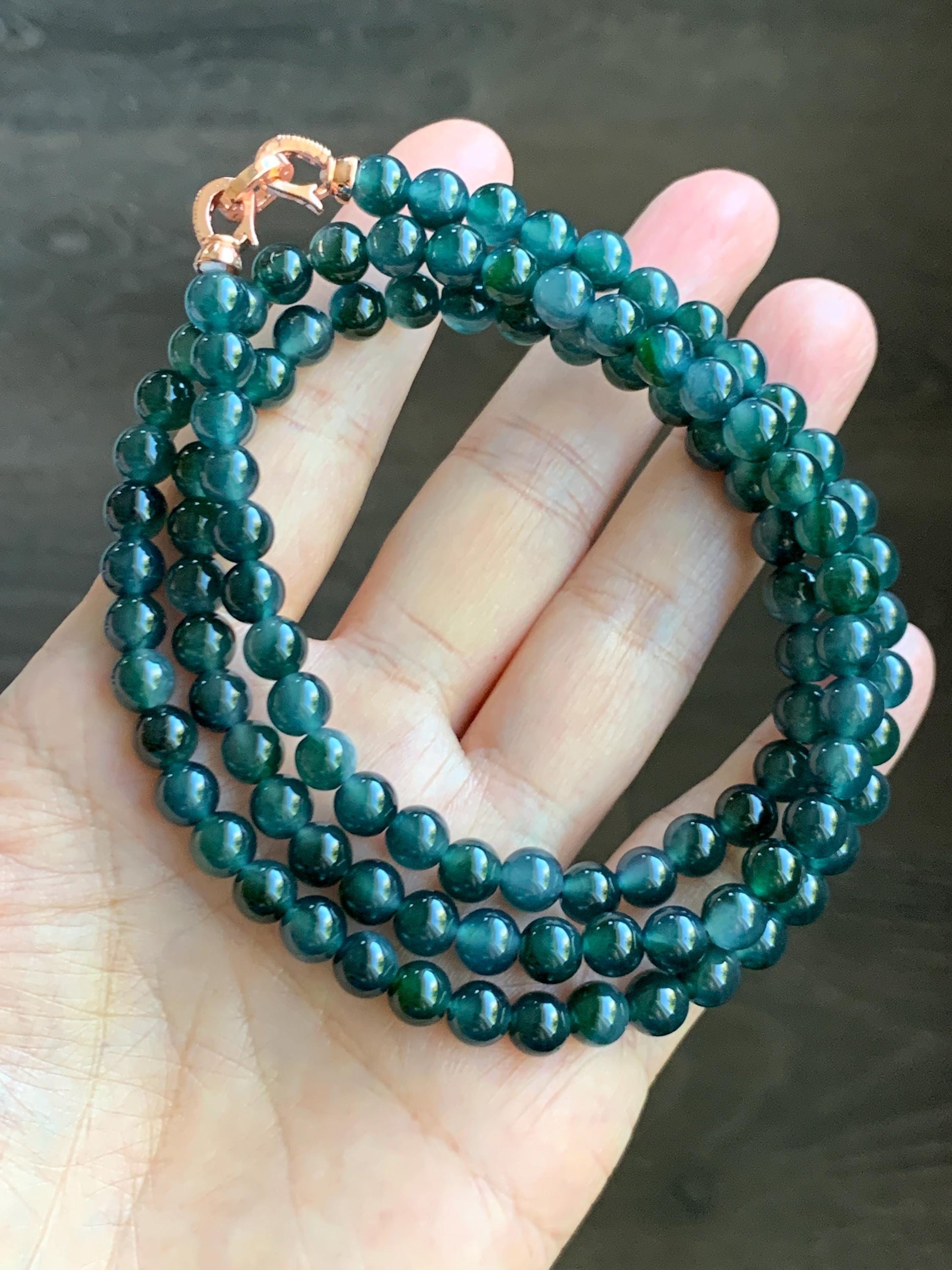 Certified Grade A Natural Guatemalan Icy Translucent Dark Teal & Green Marbled Jade Jadeite Beaded Necklace 6.5mm 26.5” 47g 天然冰危蓝飘花翡翠珠项链 737