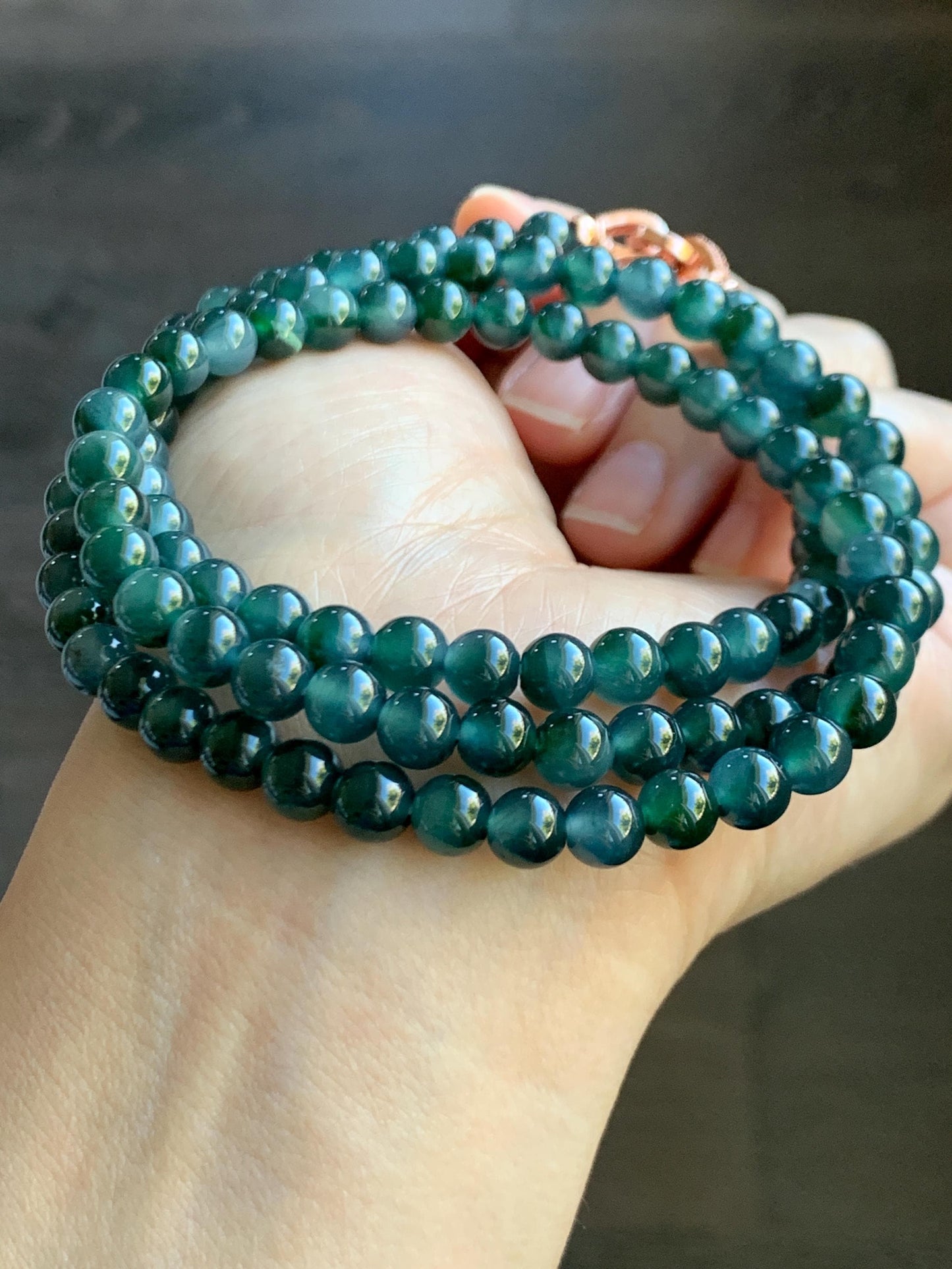 Certified Grade A Natural Guatemalan Icy Translucent Dark Teal & Green Marbled Jade Jadeite Beaded Necklace 6.5mm 26.5” 47g 天然冰危蓝飘花翡翠珠项链 737