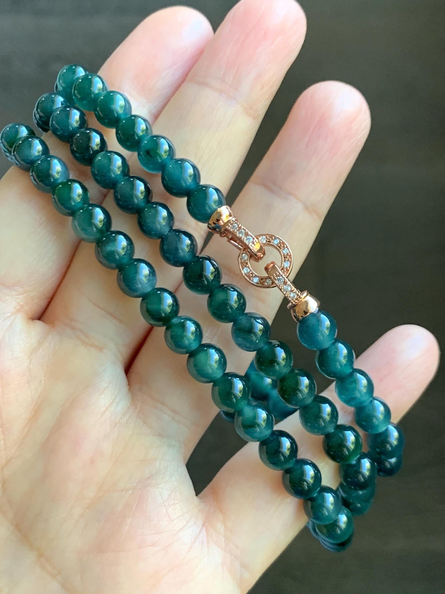 Certified Grade A Natural Guatemalan Icy Translucent Dark Teal & Green Marbled Jade Jadeite Beaded Necklace 6.5mm 26.5” 47g 天然冰危蓝飘花翡翠珠项链 737