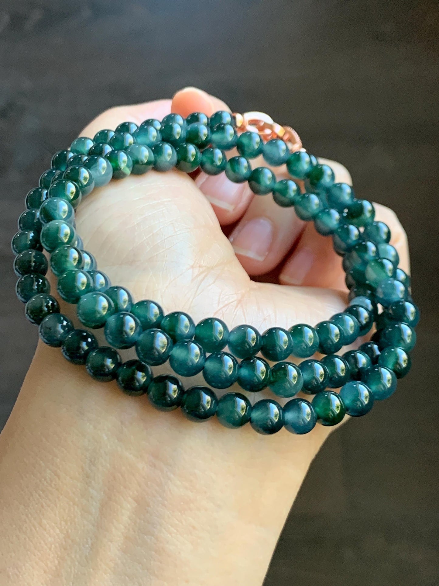Certified Grade A Natural Guatemalan Icy Translucent Dark Teal & Green Marbled Jade Jadeite Beaded Necklace 6.5mm 26.5” 47g 天然冰危蓝飘花翡翠珠项链 737