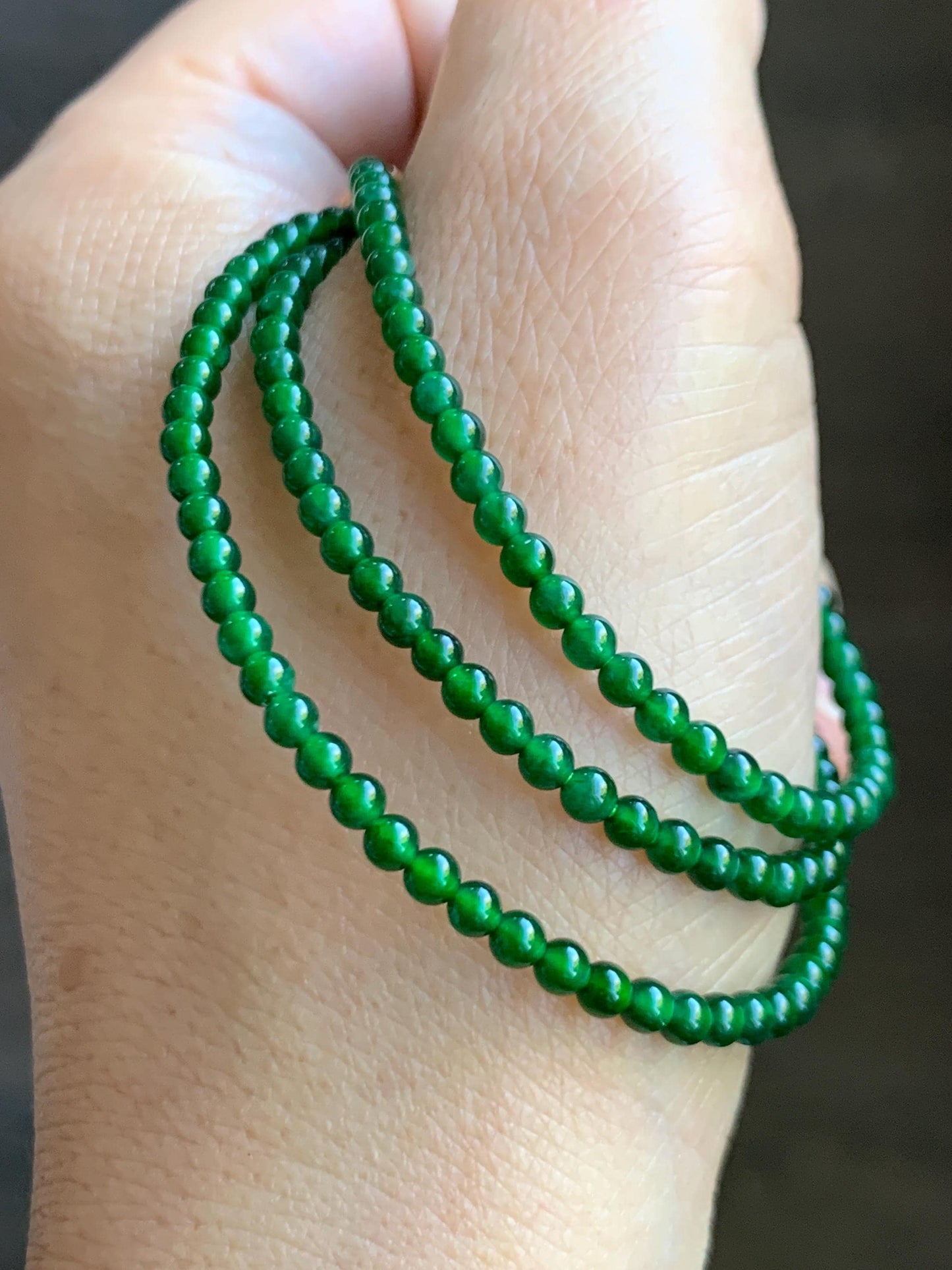 Natural Grade A Guatemalan Icy Translucent Vibrant Green Jade Jadeite Petite Beads Beaded Necklace 3mm 19" 10g 天然冰危绿翡翠小圆珠项链 WLX550