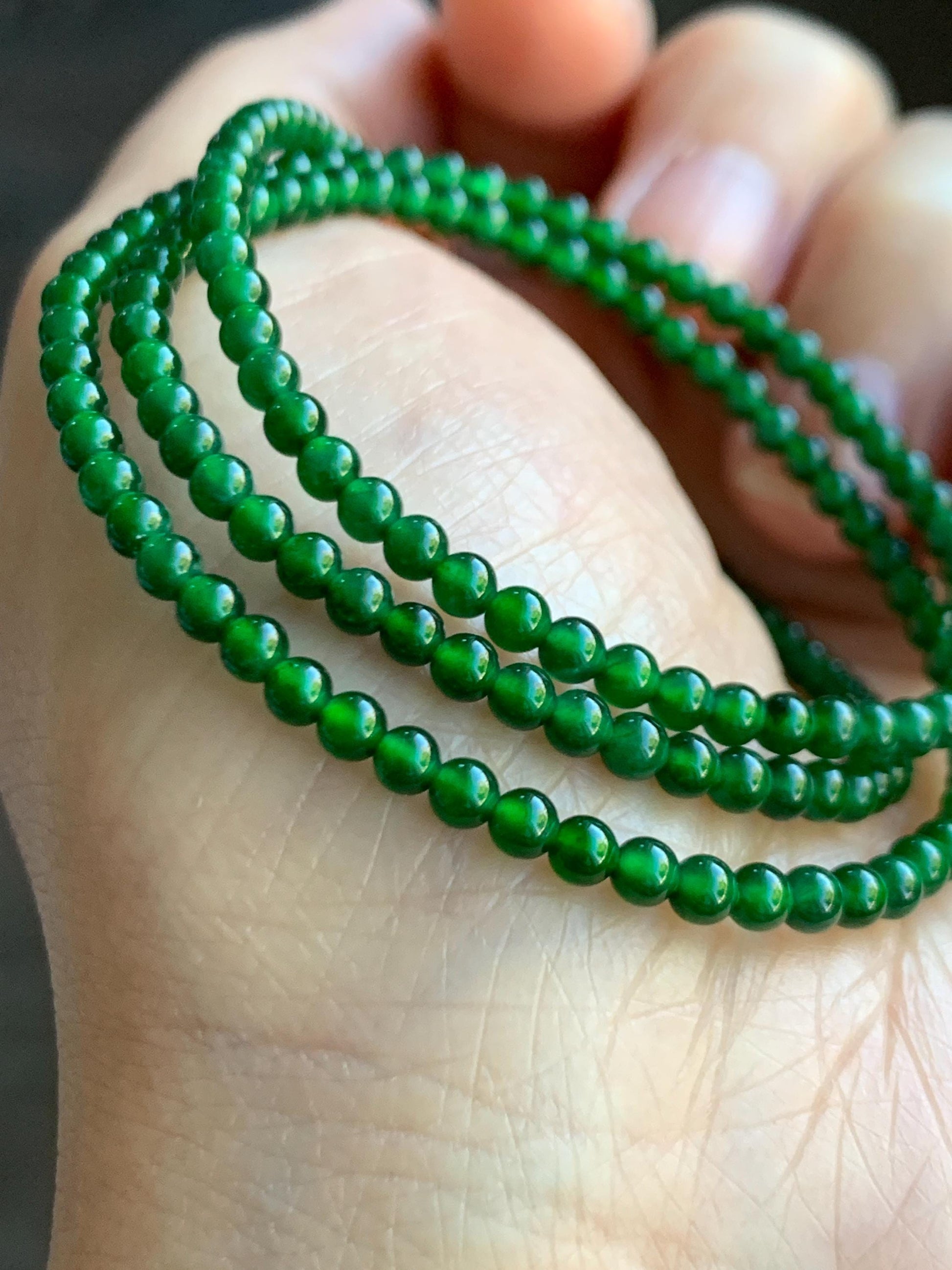 Natural Grade A Guatemalan Icy Translucent Vibrant Green Jade Jadeite Petite Beads Beaded Necklace 3mm 19" 10g 天然冰危绿翡翠小圆珠项链 WLX550