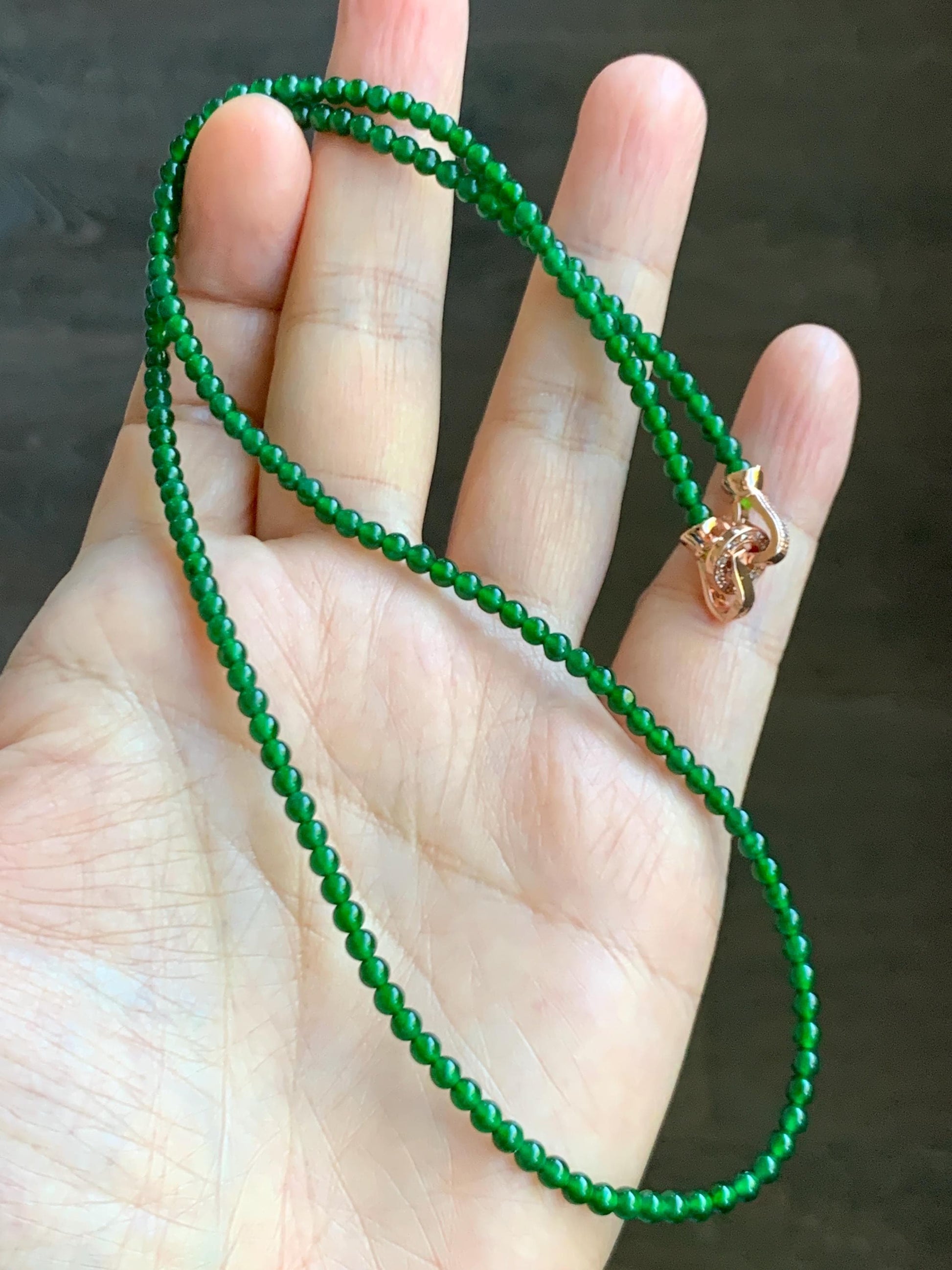 Natural Grade A Guatemalan Icy Translucent Vibrant Green Jade Jadeite Petite Beads Beaded Necklace 3mm 19" 10g 天然冰危绿翡翠小圆珠项链 WLX550