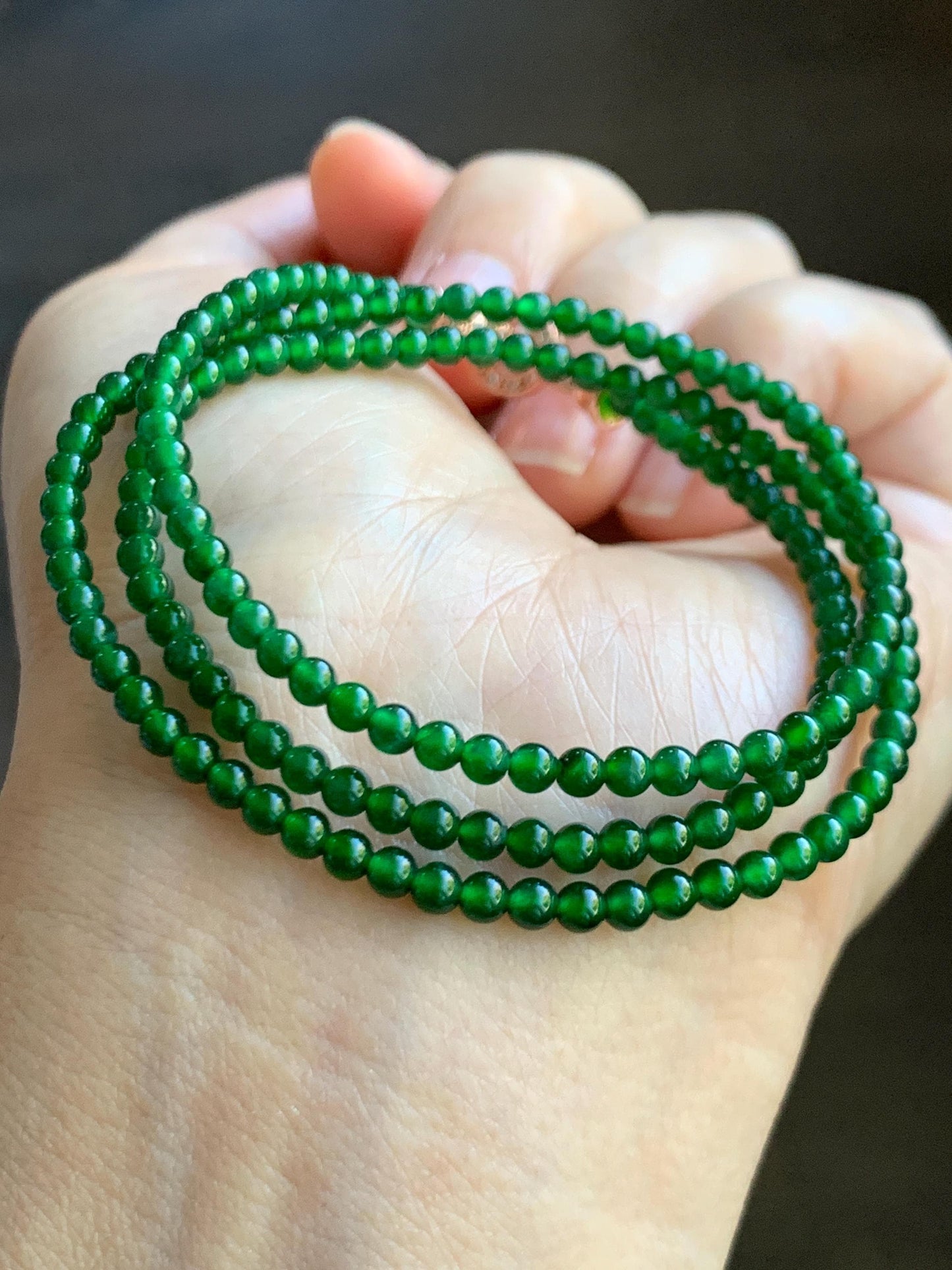 Natural Grade A Guatemalan Icy Translucent Vibrant Green Jade Jadeite Petite Beads Beaded Necklace 3mm 19" 10g 天然冰危绿翡翠小圆珠项链 WLX550