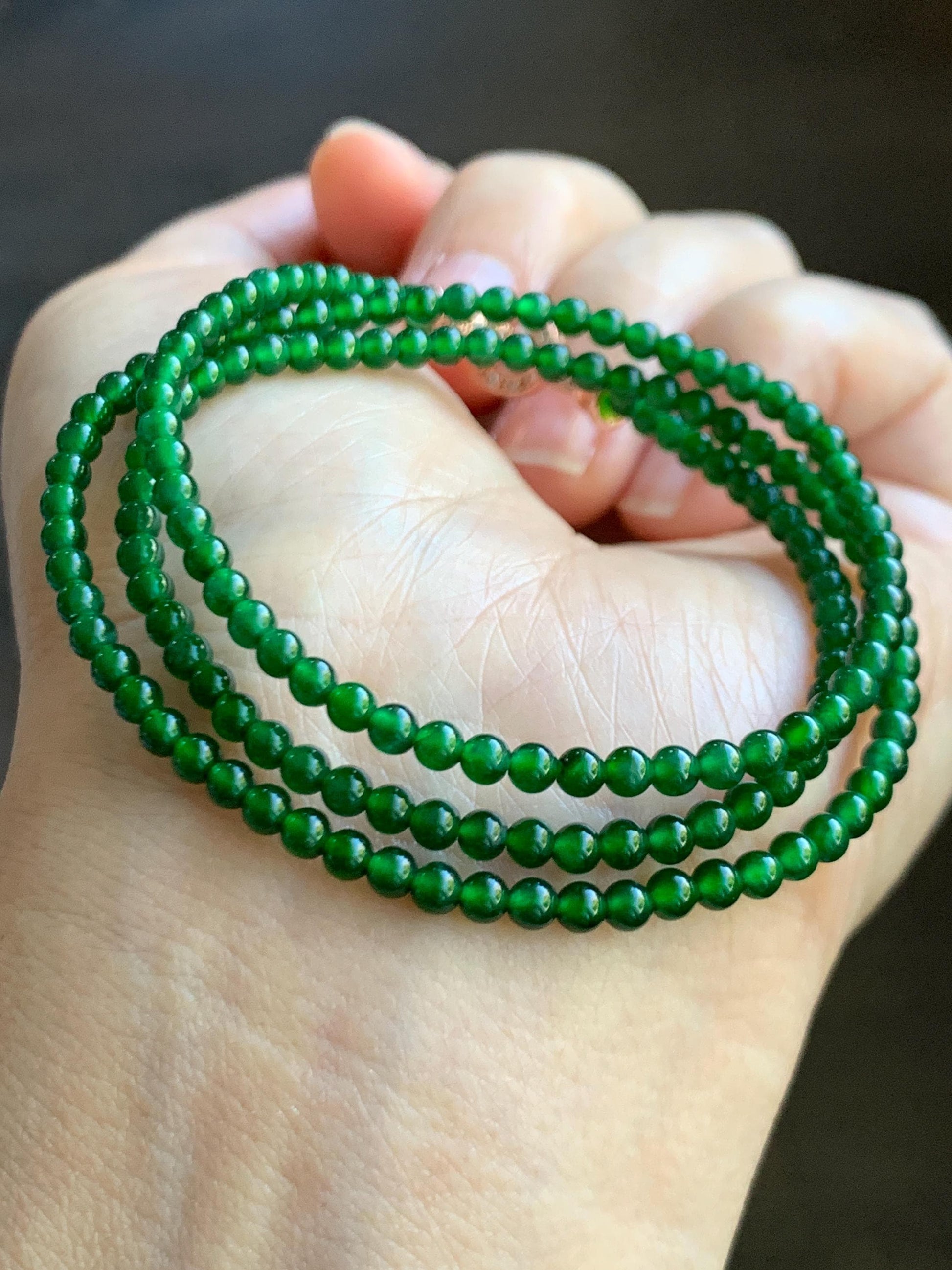Natural Grade A Guatemalan Icy Translucent Vibrant Green Jade Jadeite Petite Beads Beaded Necklace 3mm 19" 10g 天然冰危绿翡翠小圆珠项链 WLX550