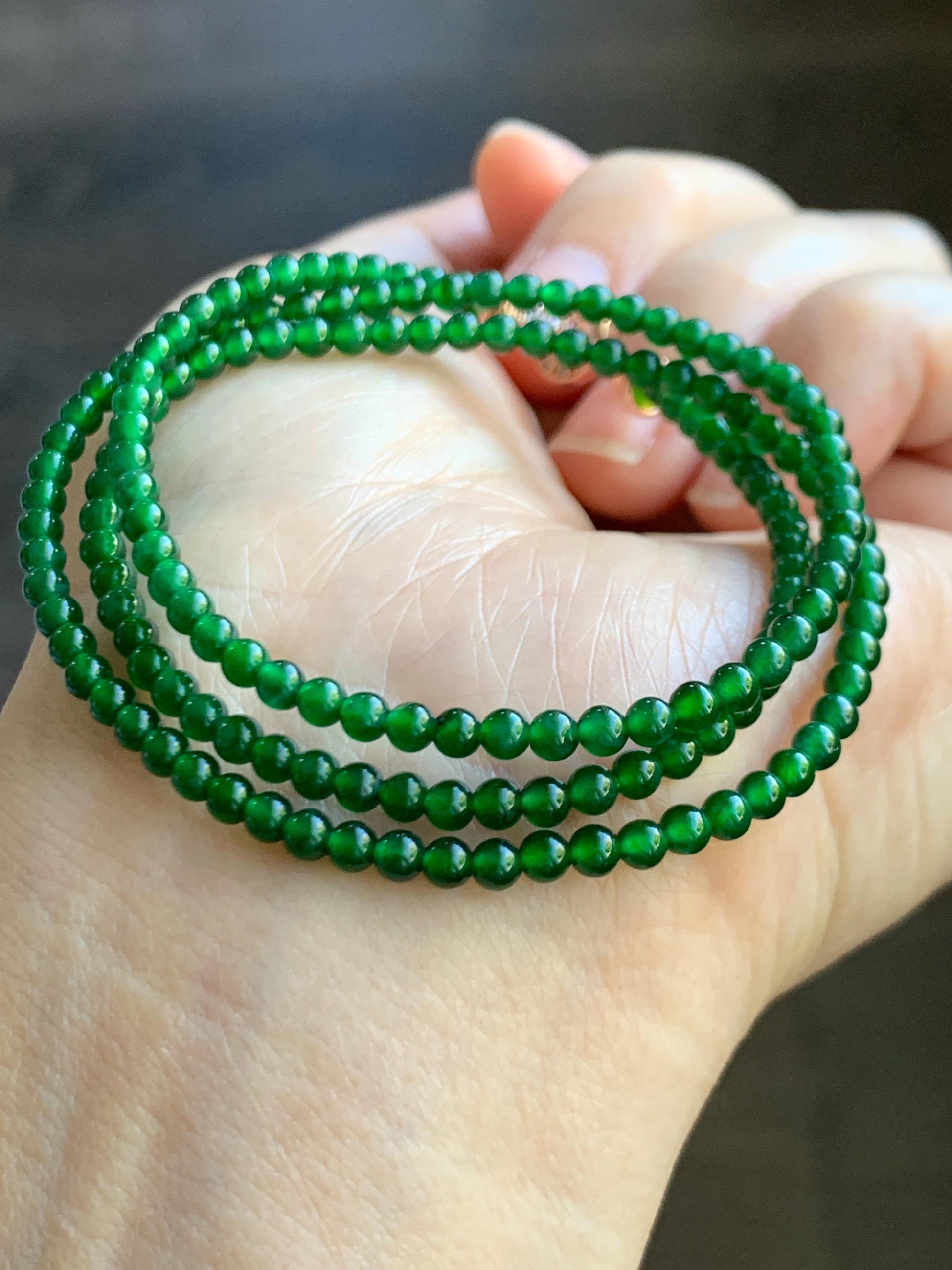 Natural Grade A Guatemalan Icy Translucent Vibrant Green Jade Jadeite Petite Beads Beaded Necklace 3mm 19" 10g 天然冰危绿翡翠小圆珠项链 WLX550