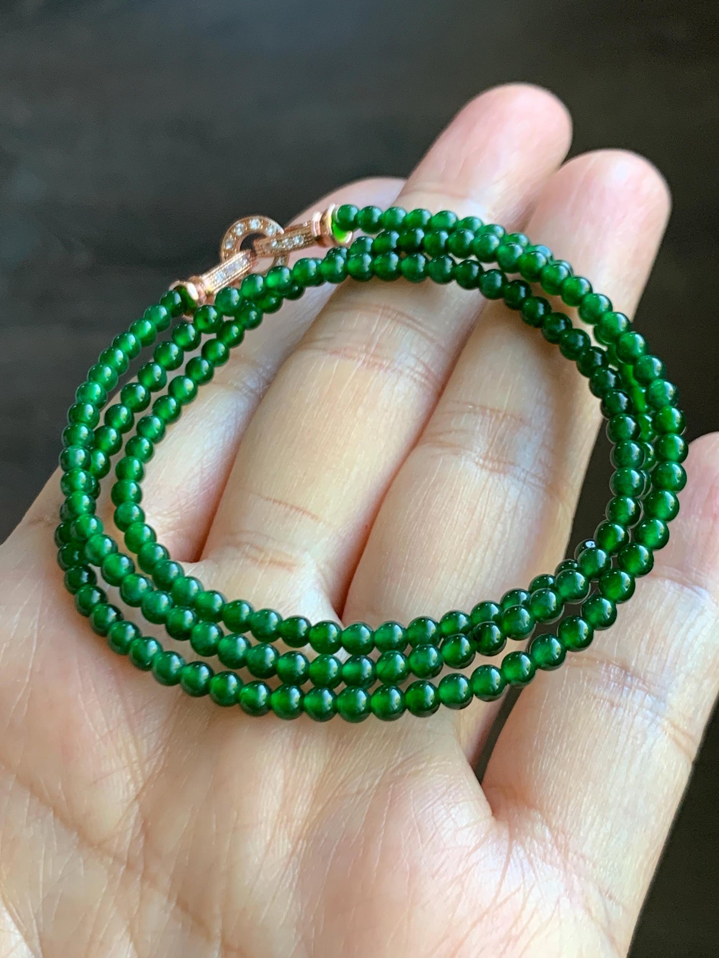 Natural Grade A Guatemalan Icy Translucent Vibrant Green Jade Jadeite Petite Beads Beaded Necklace 3mm 19" 10g 天然冰危绿翡翠小圆珠项链 WLX550