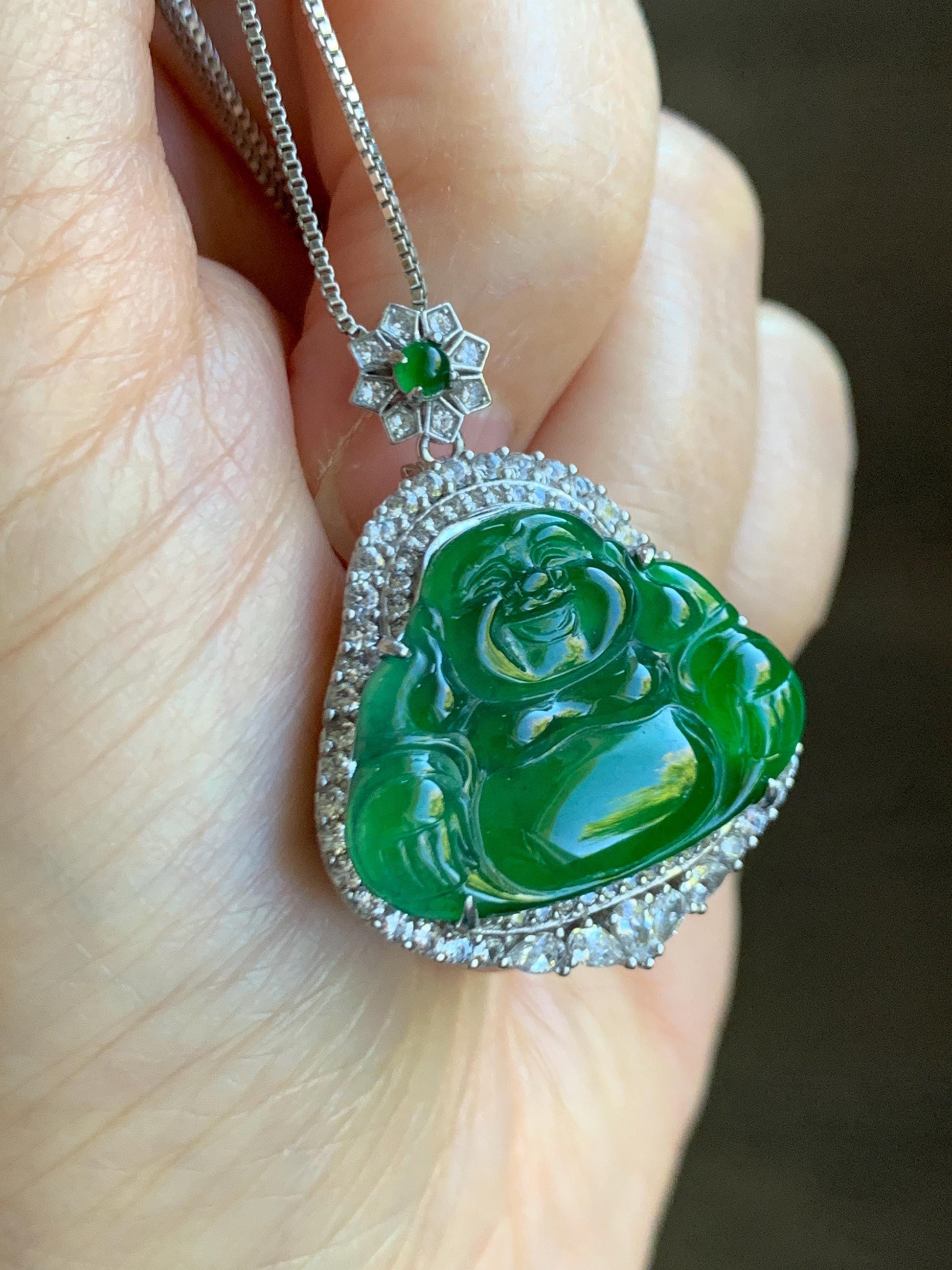 Certified Natural Grade A Guatemalan Icy Translucent Vibrant Green Jade Jadeite Buddha Pendant Sterling Silver 7.64g 天然冰危绿翡翠佛公吊坠 1001