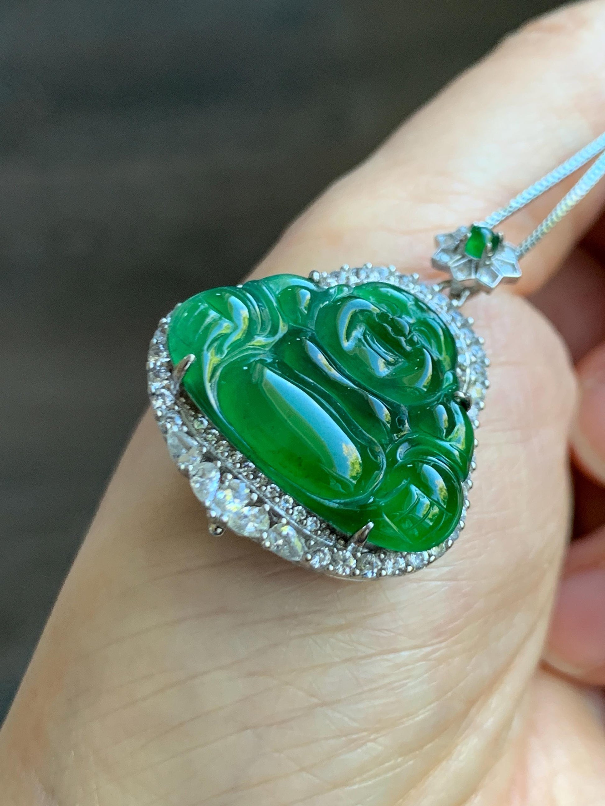 Certified Natural Grade A Guatemalan Icy Translucent Vibrant Green Jade Jadeite Buddha Pendant Sterling Silver 7.64g 天然冰危绿翡翠佛公吊坠 1001