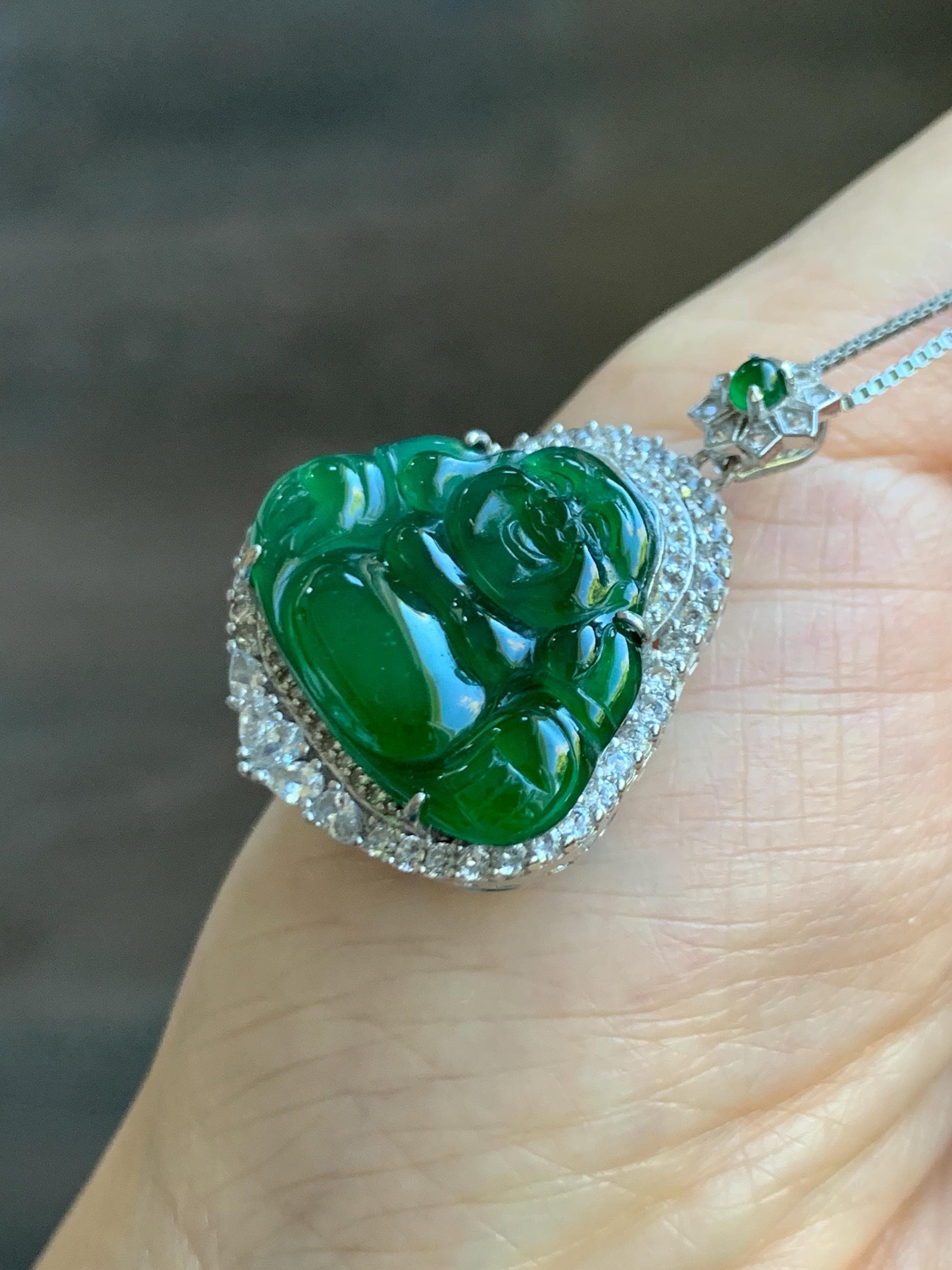 Certified Natural Grade A Guatemalan Icy Translucent Vibrant Green Jade Jadeite Buddha Pendant Sterling Silver 7.64g 天然冰危绿翡翠佛公吊坠 1001
