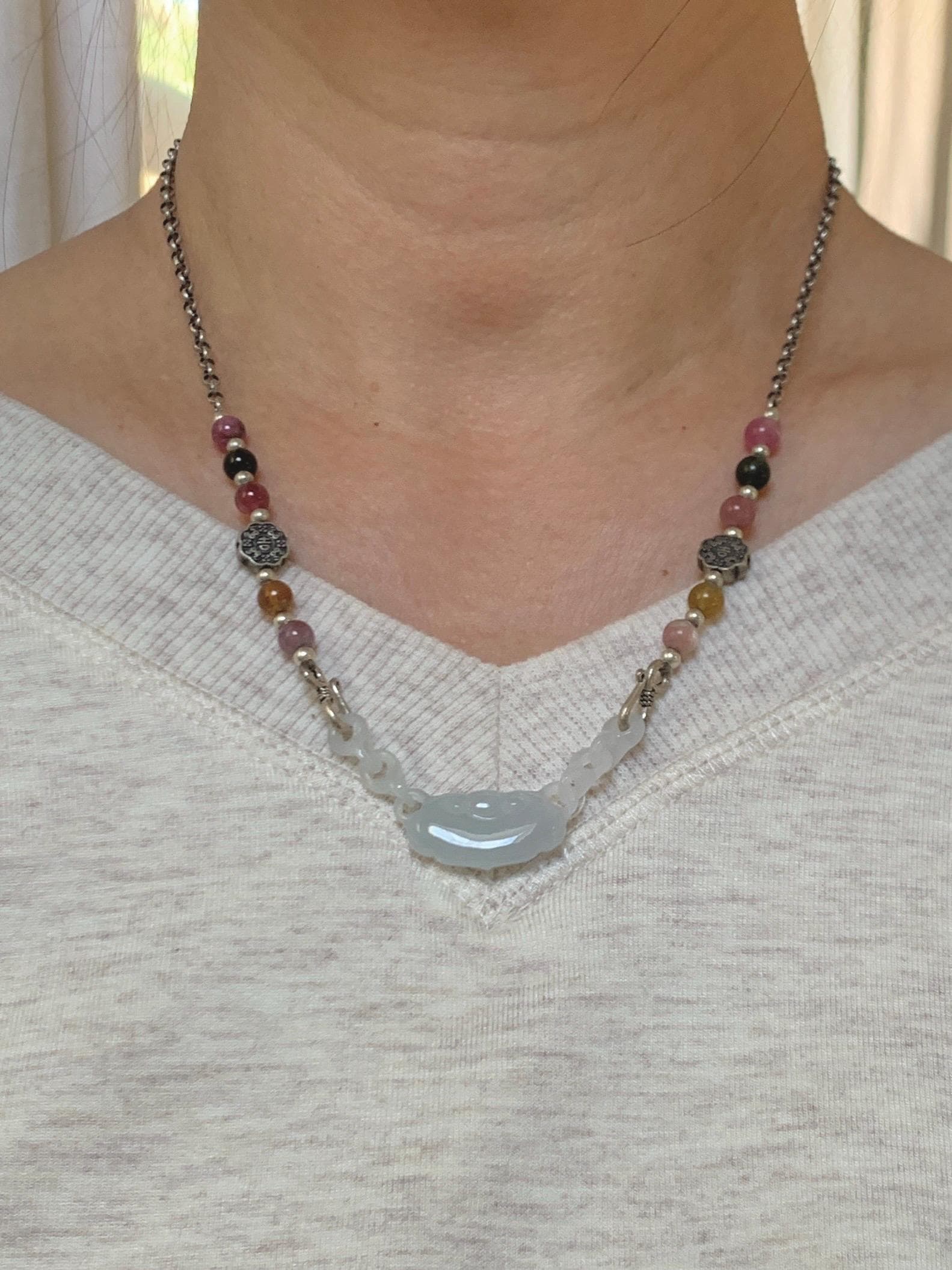 Natural Grade A Icy Translucent Gelatinous White Jade Jadeite Ruyi Lock Interlocking Links Necklace Sterling Silver 19” 天然冰胶白翡翠如意环环相扣项MRY363