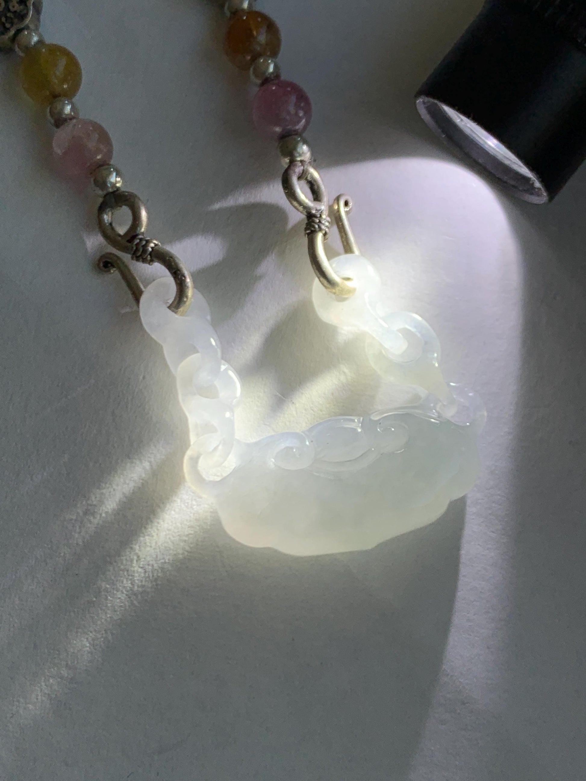 Natural Grade A Icy Translucent Gelatinous White Jade Jadeite Ruyi Lock Interlocking Links Necklace Sterling Silver 19” 天然冰胶白翡翠如意环环相扣项MRY363