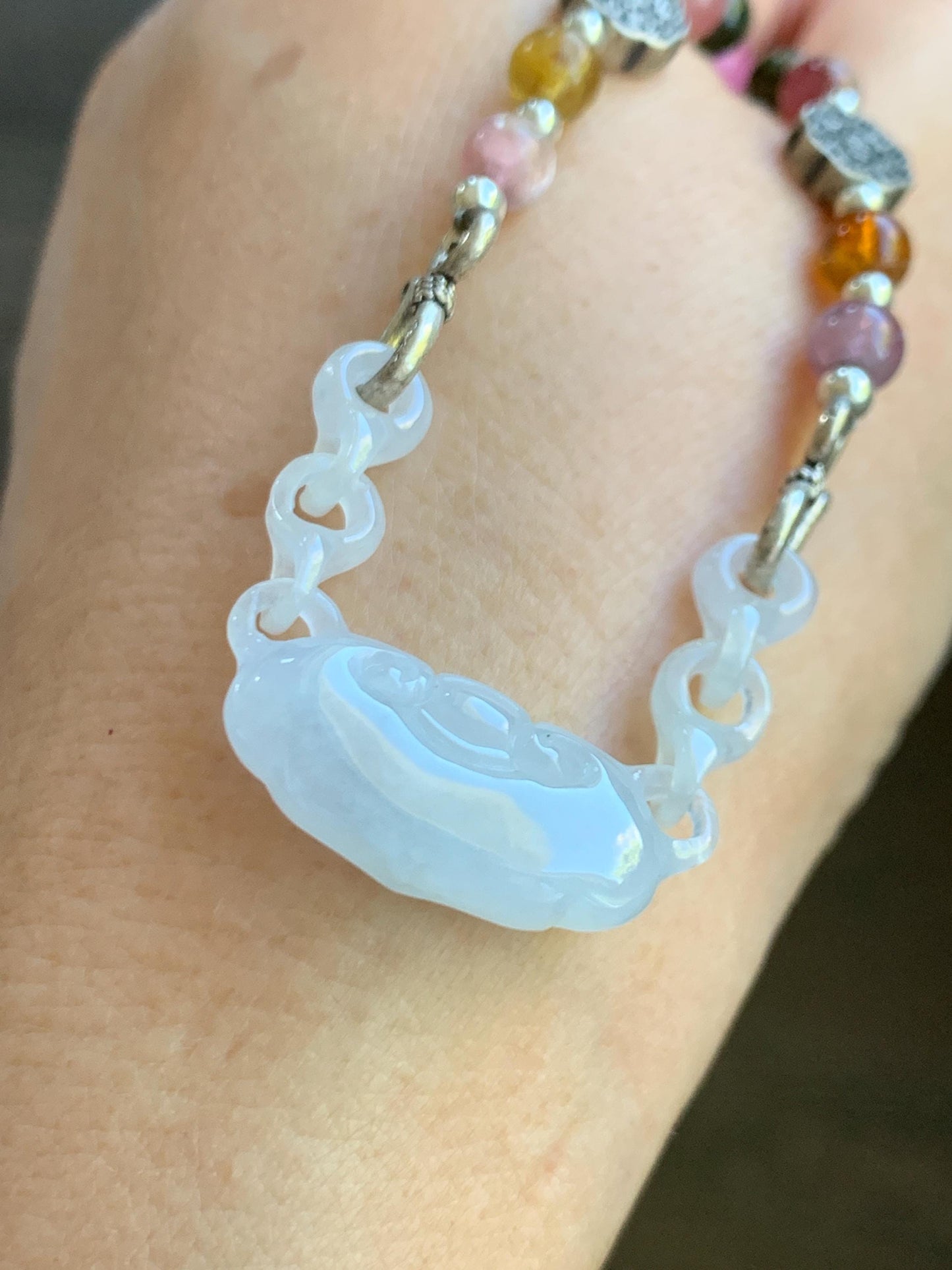 Natural Grade A Icy Translucent Gelatinous White Jade Jadeite Ruyi Lock Interlocking Links Necklace Sterling Silver 19” 天然冰胶白翡翠如意环环相扣项MRY363