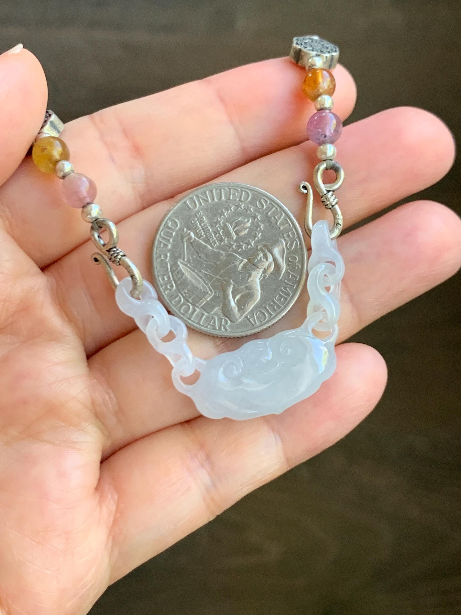 Natural Grade A Icy Translucent Gelatinous White Jade Jadeite Ruyi Lock Interlocking Links Necklace Sterling Silver 19” 天然冰胶白翡翠如意环环相扣项MRY363