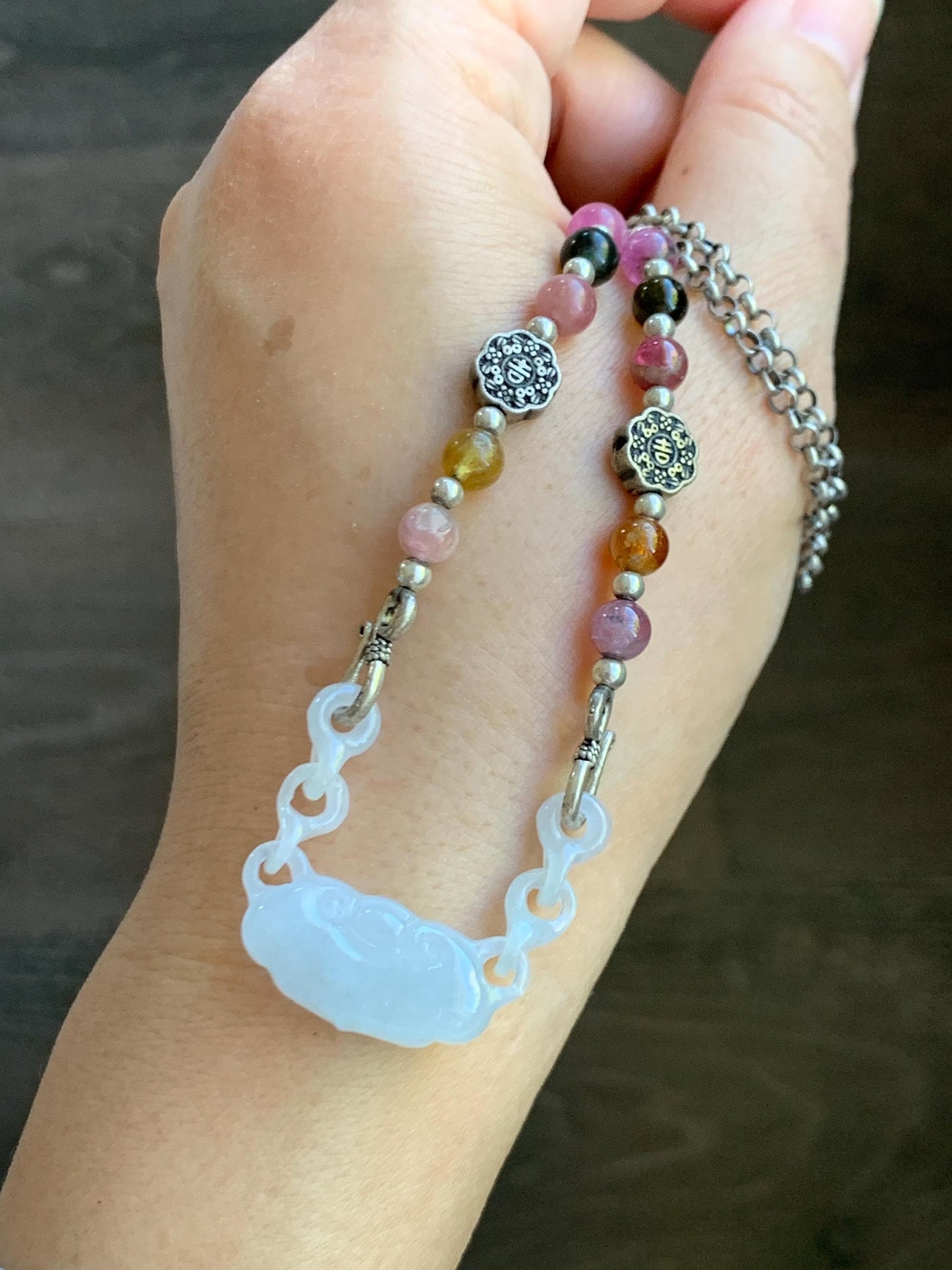 Natural Grade A Icy Translucent Gelatinous White Jade Jadeite Ruyi Lock Interlocking Links Necklace Sterling Silver 19” 天然冰胶白翡翠如意环环相扣项MRY363