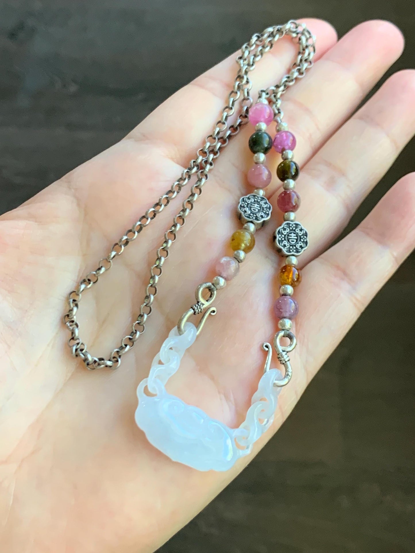 Natural Grade A Icy Translucent Gelatinous White Jade Jadeite Ruyi Lock Interlocking Links Necklace Sterling Silver 19” 天然冰胶白翡翠如意环环相扣项MRY363
