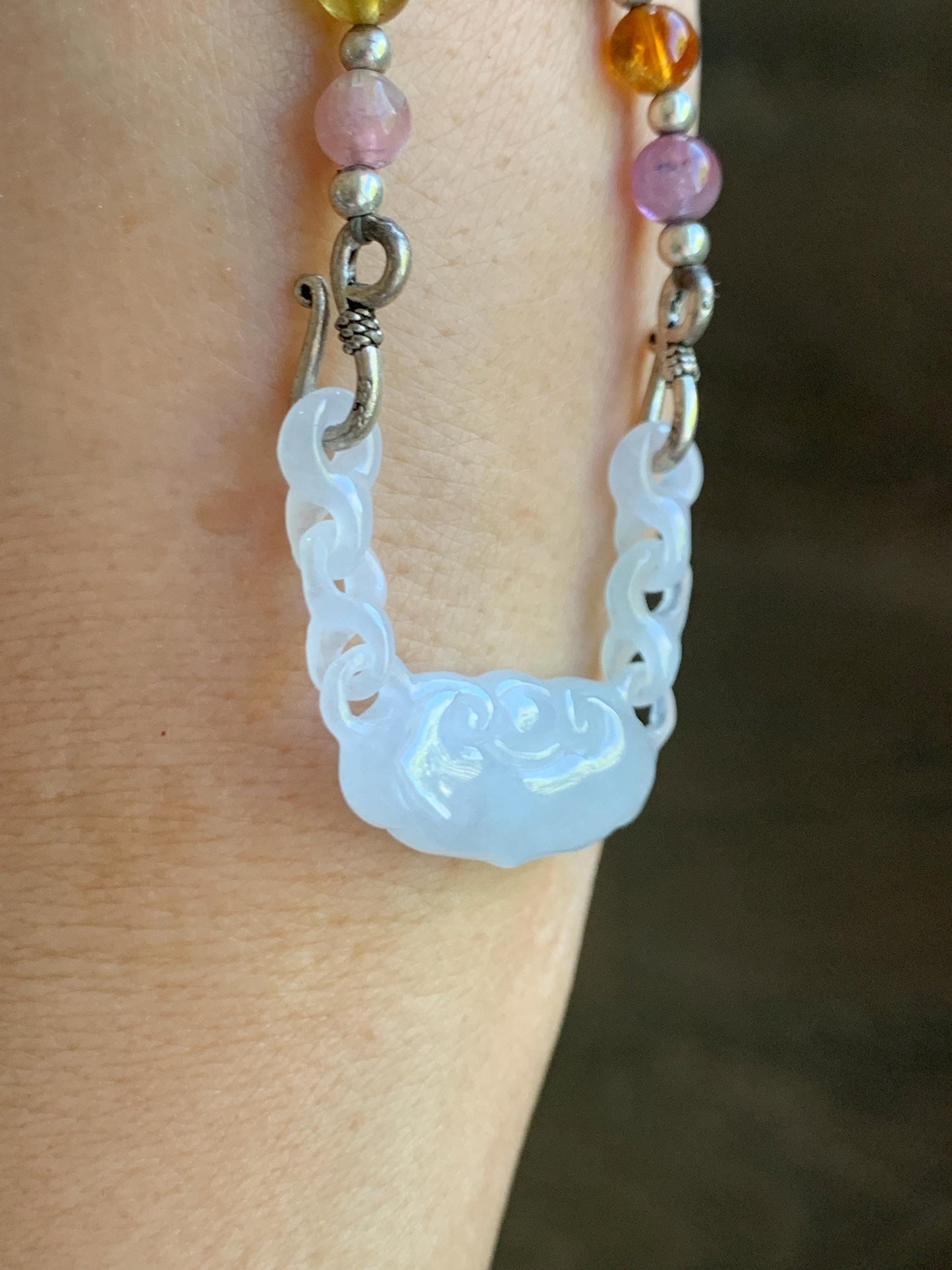 Natural Grade A Icy Translucent Gelatinous White Jade Jadeite Ruyi Lock Interlocking Links Necklace Sterling Silver 19” 天然冰胶白翡翠如意环环相扣项MRY363