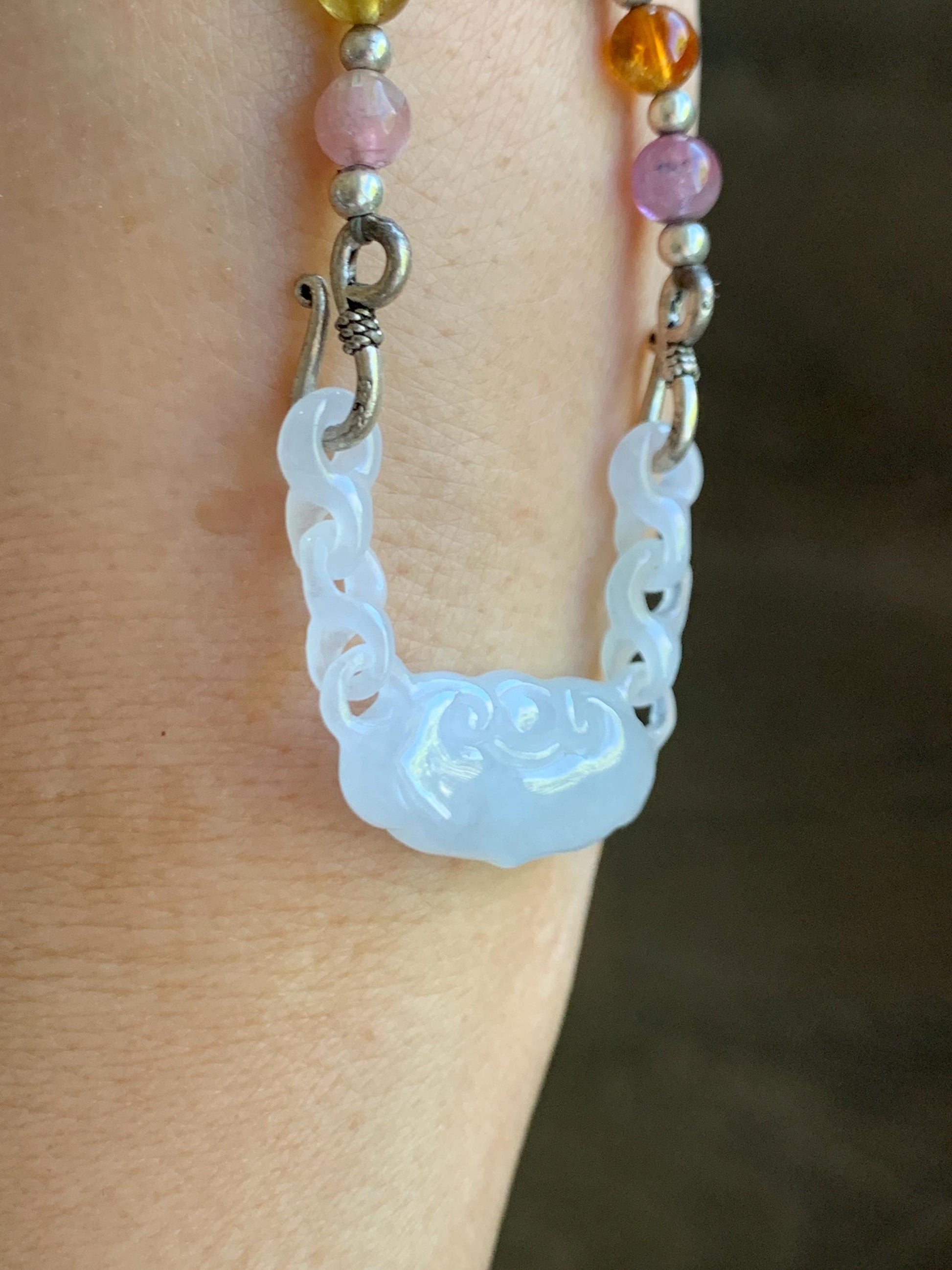 Natural Grade A Icy Translucent Gelatinous White Jade Jadeite Ruyi Lock Interlocking Links Necklace Sterling Silver 19” 天然冰胶白翡翠如意环环相扣项MRY363