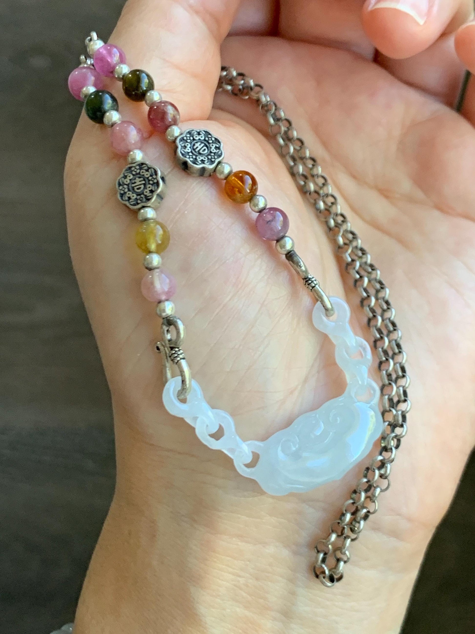 Natural Grade A Icy Translucent Gelatinous White Jade Jadeite Ruyi Lock Interlocking Links Necklace Sterling Silver 19” 天然冰胶白翡翠如意环环相扣项MRY363