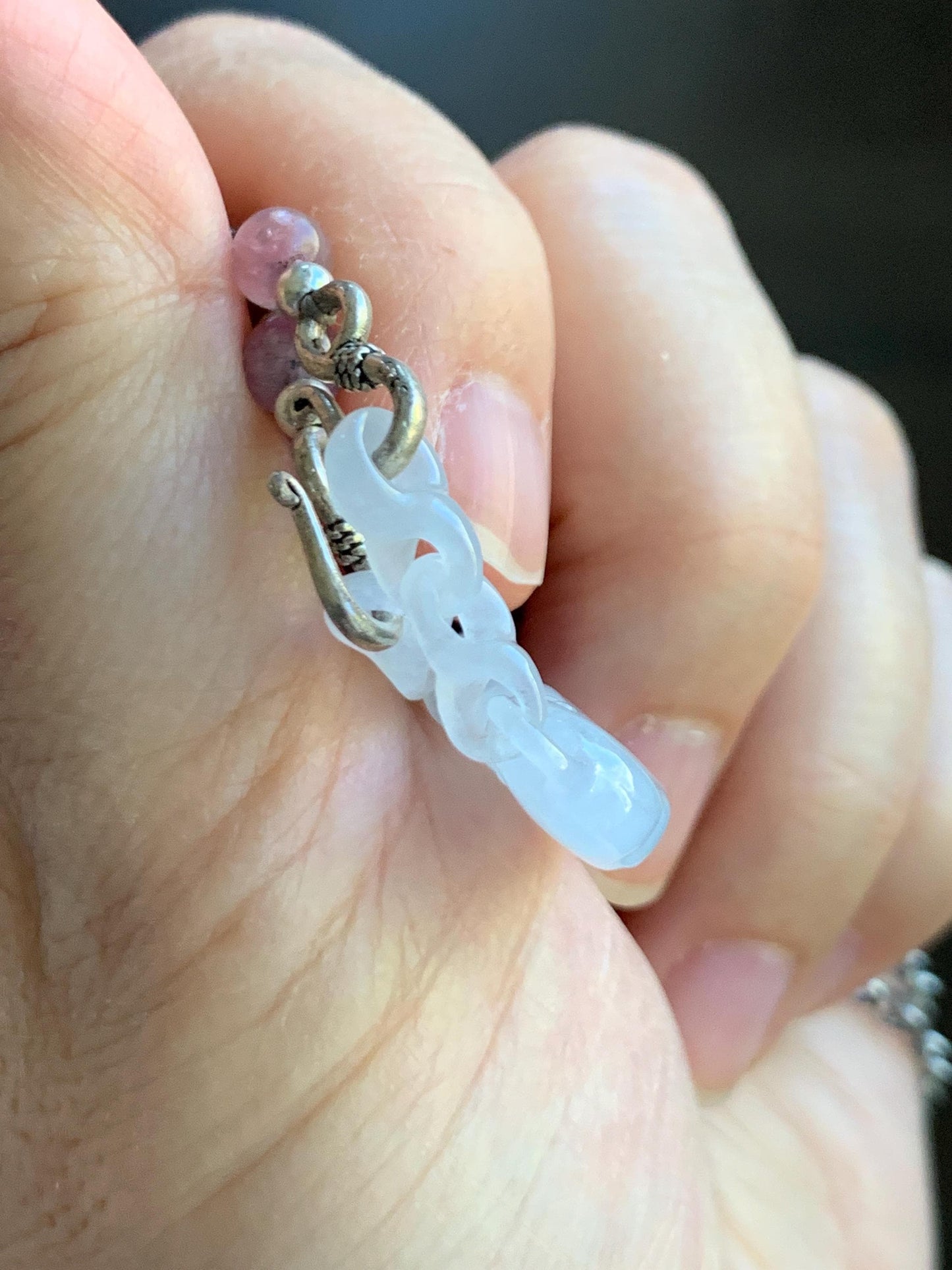 Natural Grade A Icy Translucent Gelatinous White Jade Jadeite Ruyi Lock Interlocking Links Necklace Sterling Silver 19” 天然冰胶白翡翠如意环环相扣项MRY363