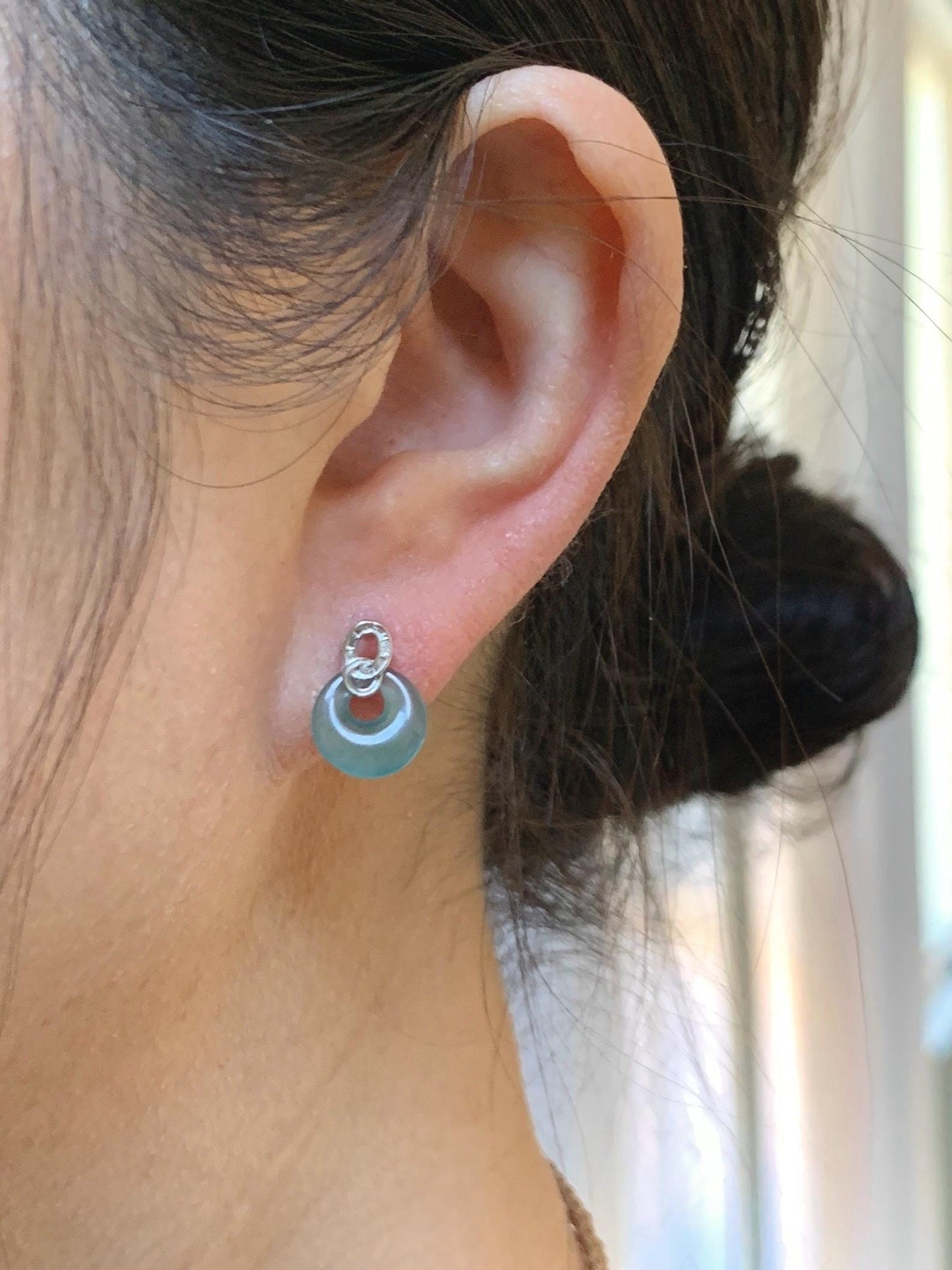 Natural Grade A Guatemalan Icy Highly Translucent Teal Blue Jade Jadeite Princess Donut Stud Earrings Sterling Silver 天然冰危蓝翡翠公主扣银镶耳钉 WGZ66Y
