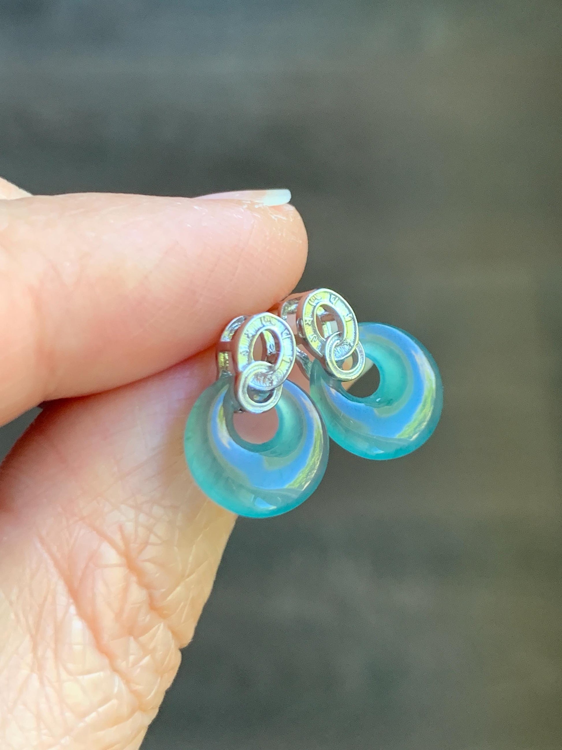 Natural Grade A Guatemalan Icy Highly Translucent Teal Blue Jade Jadeite Princess Donut Stud Earrings Sterling Silver 天然冰危蓝翡翠公主扣银镶耳钉 WGZ66Y