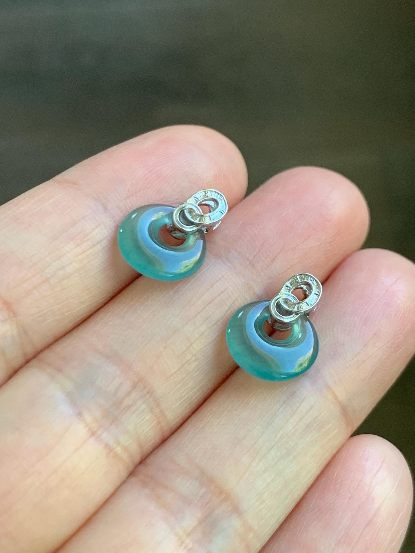 Natural Grade A Guatemalan Icy Highly Translucent Teal Blue Jade Jadeite Princess Donut Stud Earrings Sterling Silver 天然冰危蓝翡翠公主扣银镶耳钉 WGZ66Y