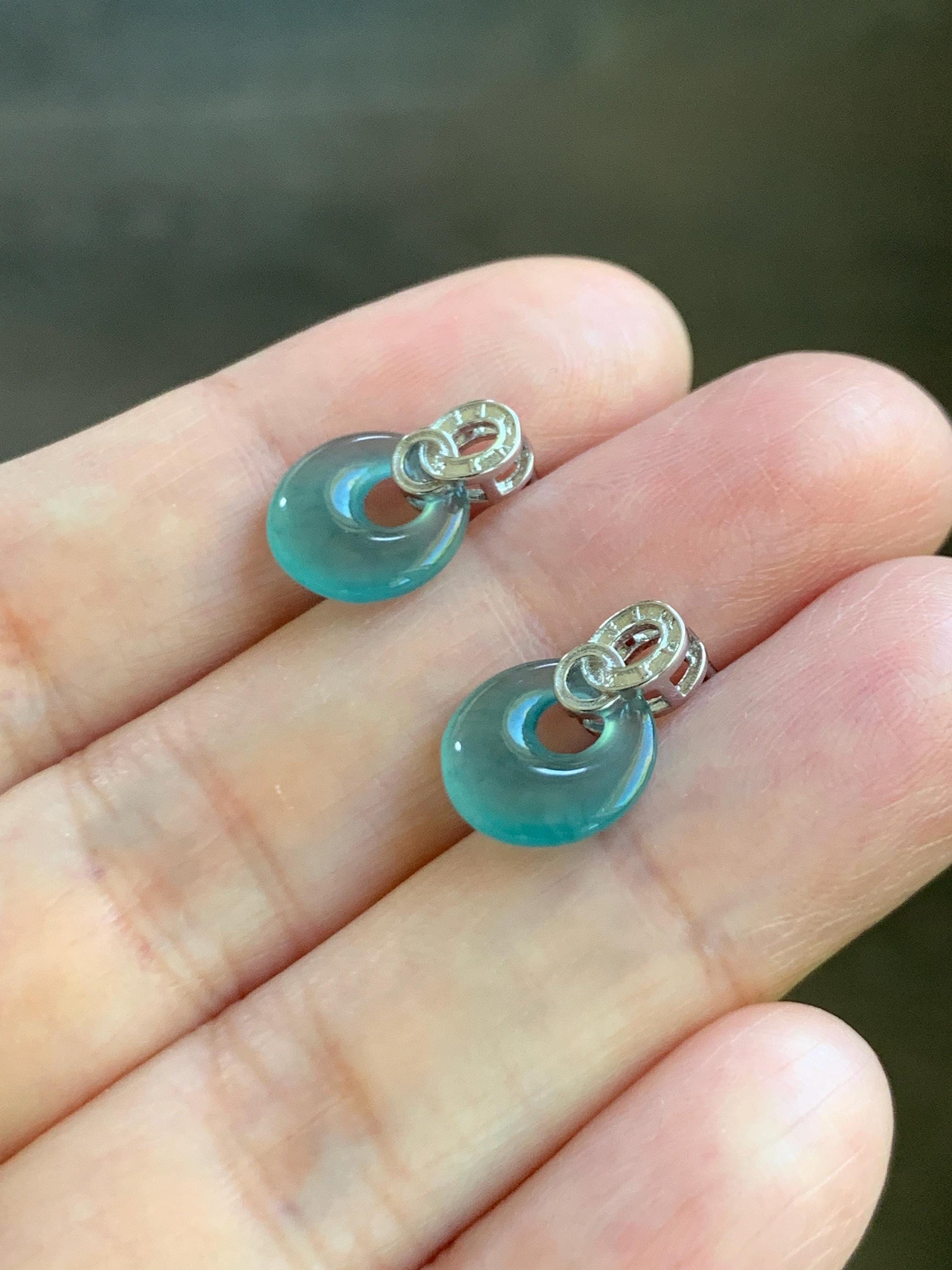 Natural Grade A Guatemalan Icy Highly Translucent Teal Blue Jade Jadeite Princess Donut Stud Earrings Sterling Silver 天然冰危蓝翡翠公主扣银镶耳钉 WGZ66Y