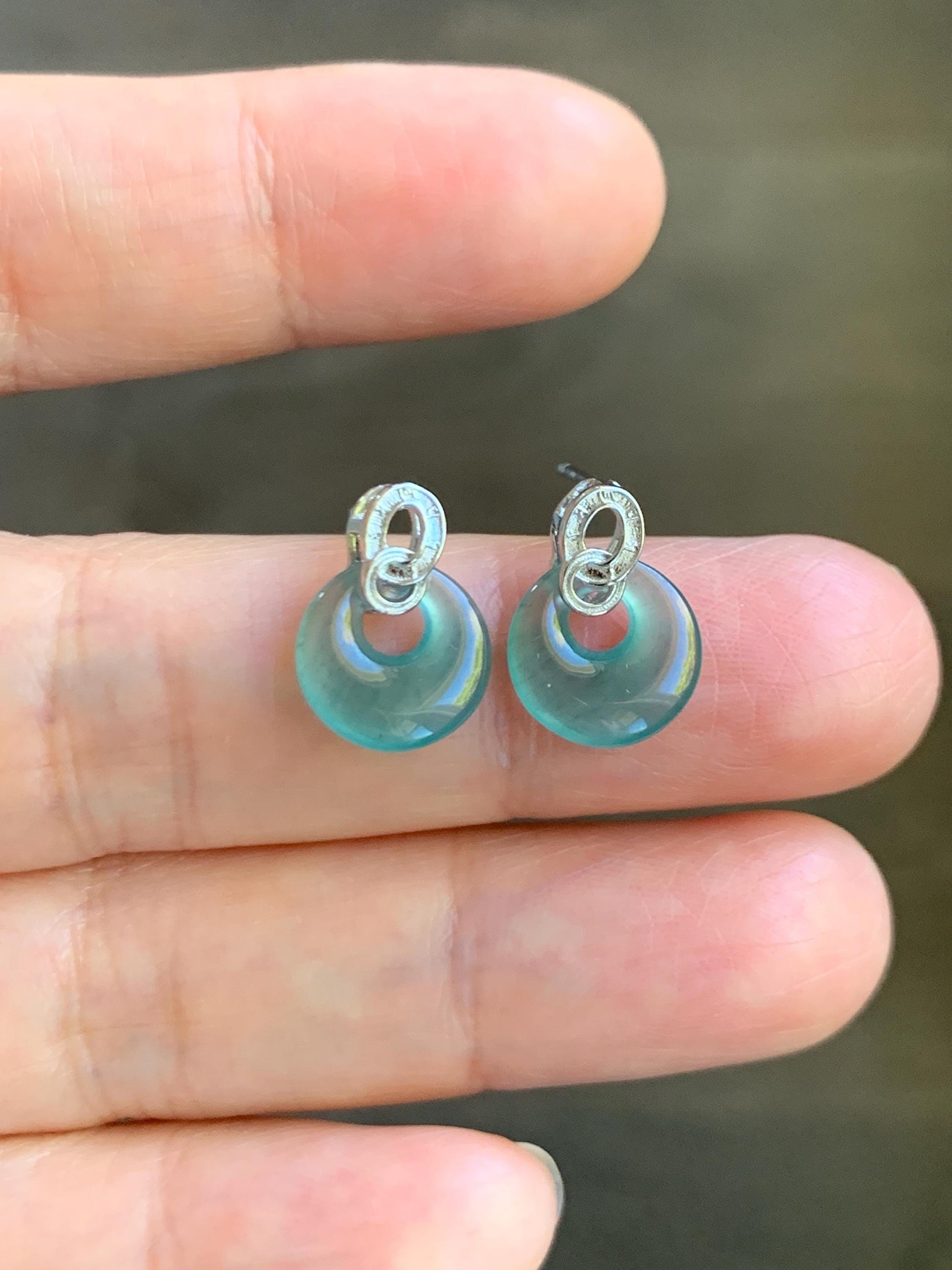 Natural Grade A Guatemalan Icy Highly Translucent Teal Blue Jade Jadeite Princess Donut Stud Earrings Sterling Silver 天然冰危蓝翡翠公主扣银镶耳钉 WGZ66Y