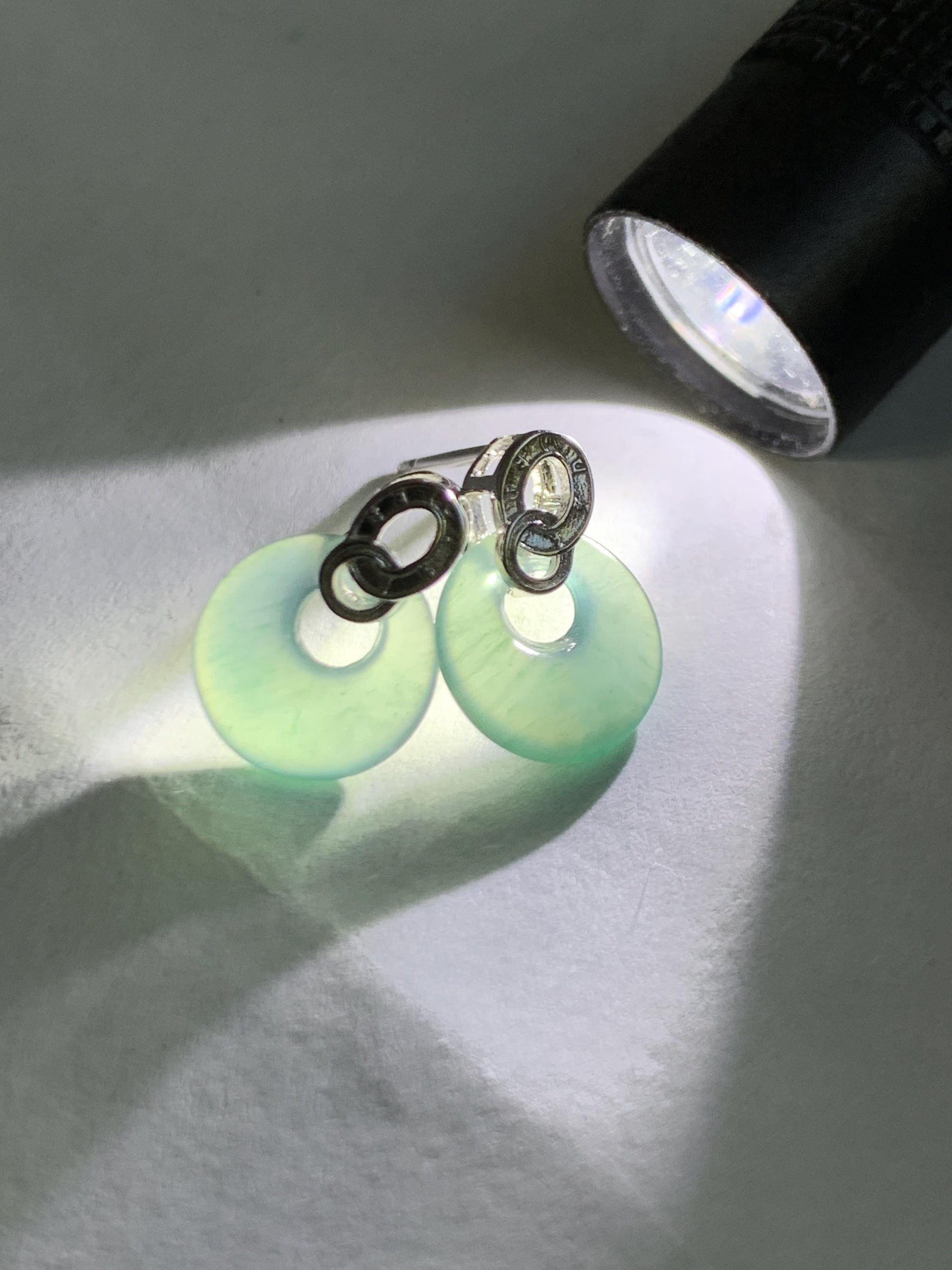 Natural Grade A Guatemalan Icy Highly Translucent Teal Blue Jade Jadeite Princess Donut Stud Earrings Sterling Silver 天然冰危蓝翡翠公主扣银镶耳钉 WGZ66Y
