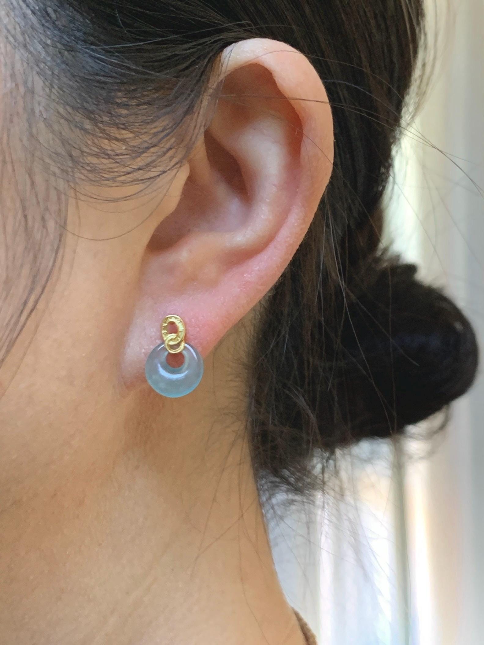 Natural Grade A Guatemalan Icy Highly Translucent Pastel Blue Jade Jadeite Princess Donut Stud Earrings Sterling Silver 天然冰危淡蓝翡翠公主扣耳钉WGZ66J